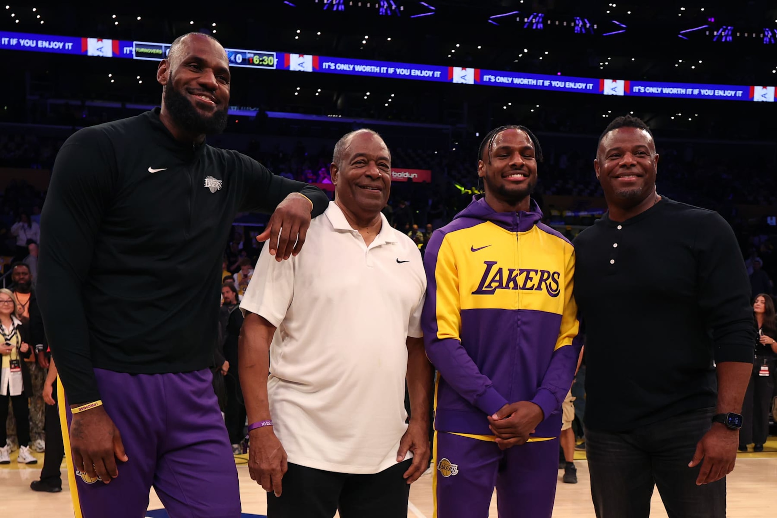 LOS ANGELES, CALIFORNIA - OCTOBER 22: (L-R) LeBron James #23 of the Los Angeles Lakers, Ken Griffey Sr., Bronny James #9 of the Los Angeles Lakers and Ken Griffey Jr. pose for a photo prior to the game against the Minnesota Timberwolves at Crypto.com Arena on October 22, 2024 in Los Angeles, California. (Photo by Harry How/Getty Images)