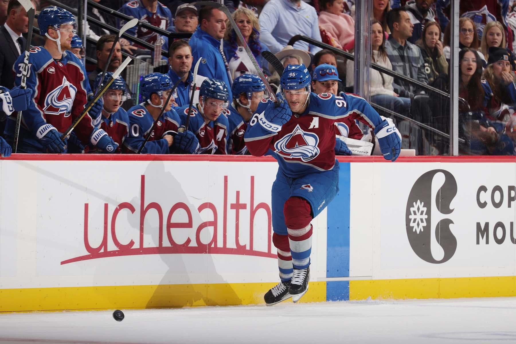 DENVER, COLORADO - OCTOBER 18: Mikko Rantanen #96 of the Colorado Avalanche chases down a loose puck during a game against the Anaheim Ducks at Ball Arena on October 18, 2024 in Denver, Colorado. (Photo by Michael Martin/NHLI via Getty Images)