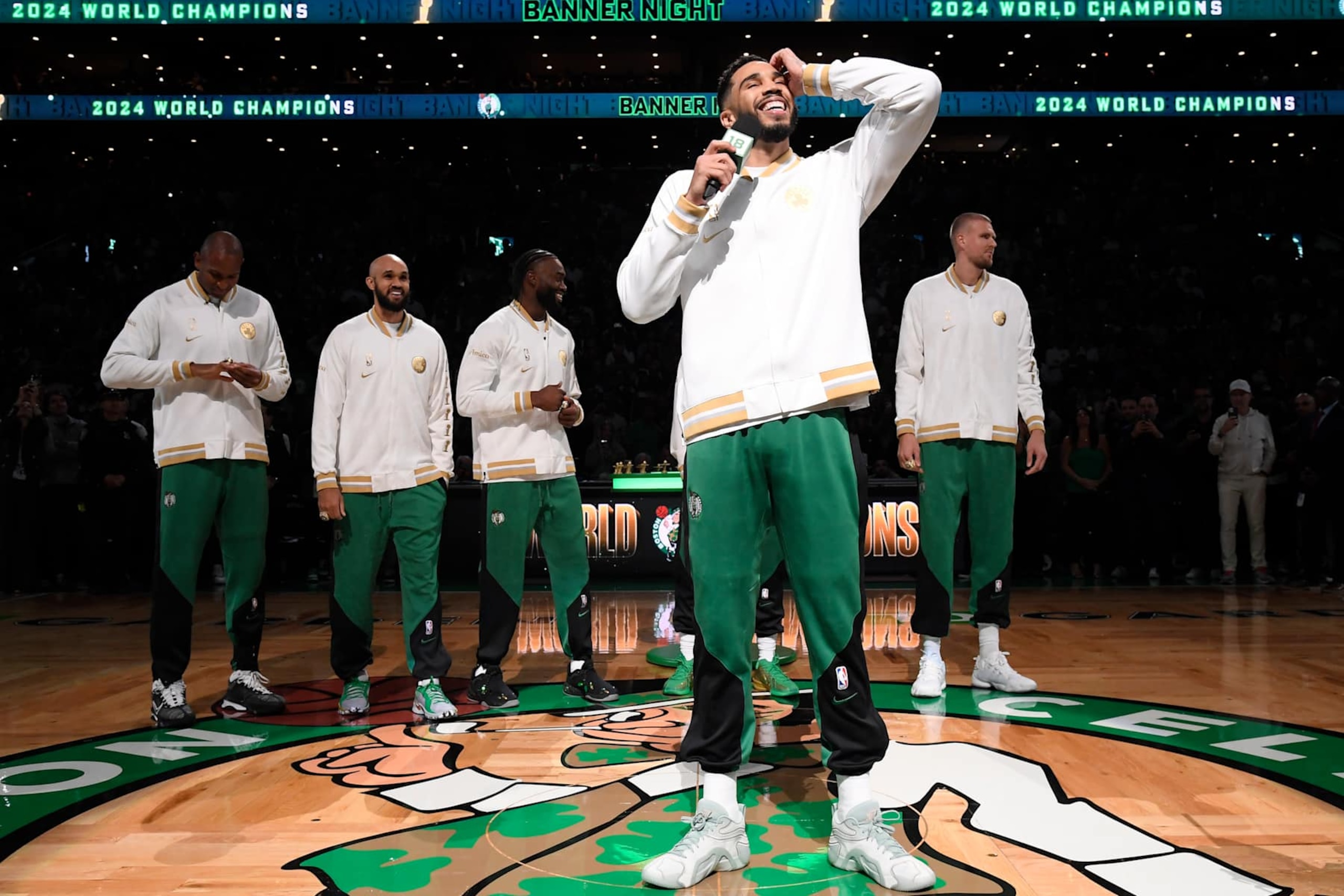 BOSTON, MA - OCTOBER 22: Jayson Tatum #0 of the Boston Celtics smiles before the game against the New York Knicks on October 22, 2024 at TD Garden in Boston, Massachusetts. NOTE TO USER: User expressly acknowledges and agrees that, by downloading and/or using this Photograph, user is consenting to the terms and conditions of the Getty Images License Agreement. Mandatory Copyright Notice: Copyright 2024 NBAE (Photo by Brian Babineau/NBAE via Getty Images) BOSTON, MA - OCTOBER 22: Jayson Tatum #0 of the Boston Celtics smiles before the game against the New York Knicks on October 22, 2024 at TD Garden in Boston, Massachusetts. NOTE TO USER: User expressly acknowledges and agrees that, by downloading and/or using this Photograph, user is consenting to the terms and conditions of the Getty Images License Agreement. Mandatory Copyright Notice: Copyright 2024 NBAE (Photo by Brian Babineau/NBAE via Getty Images)