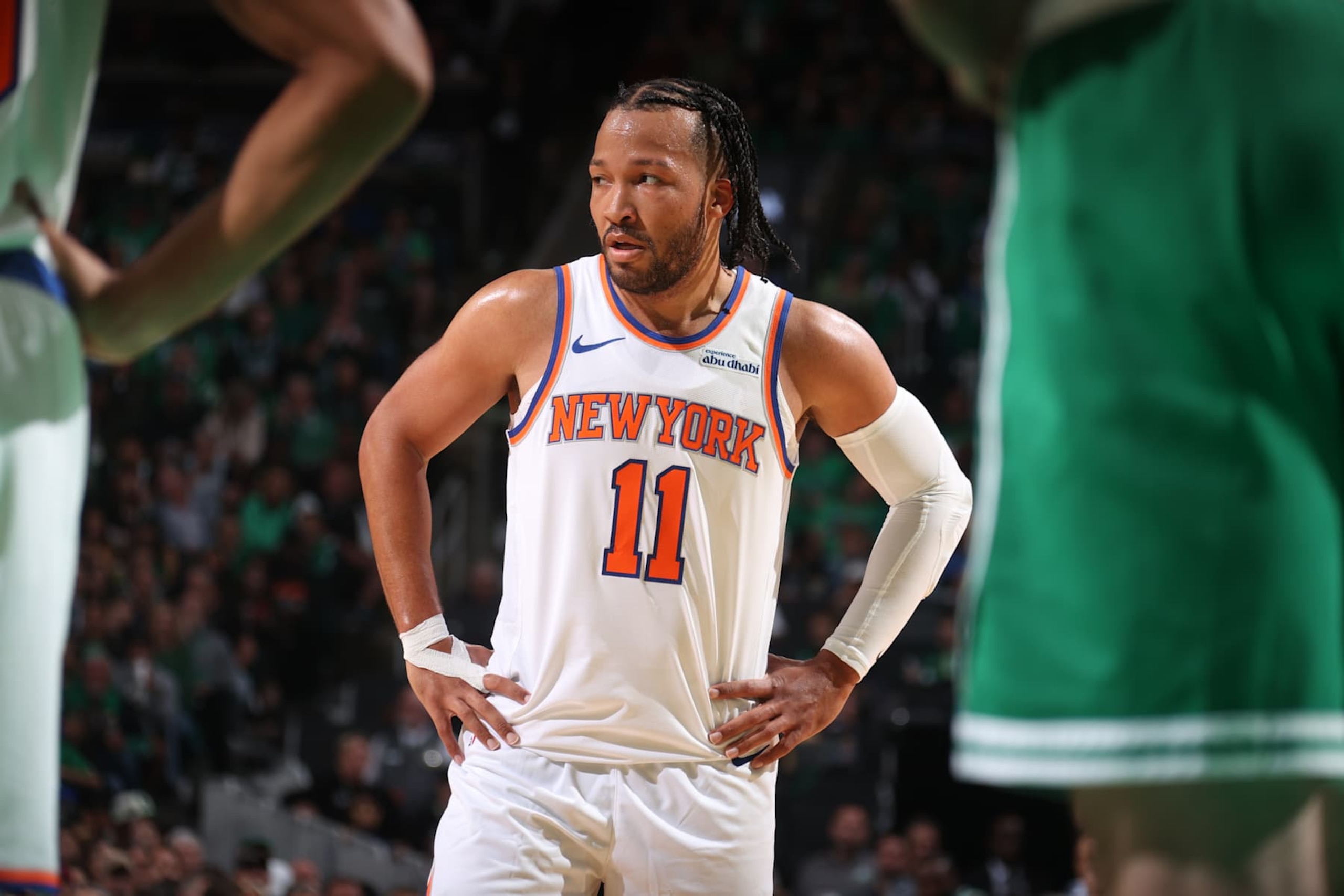 BOSTON, MA - OCTOBER 22: Jalen Brunson #11 of the New York Knicks looks on during the game against the Boston Celtics on October 22, 2024 at TD Garden in Boston, Massachusetts. NOTE TO USER: User expressly acknowledges and agrees that, by downloading and or using this Photograph, user is consenting to the terms and conditions of the Getty Images License Agreement. Mandatory Copyright Notice: Copyright 2024 NBAE (Photo by Nathaniel S. Butler/NBAE via Getty Images)