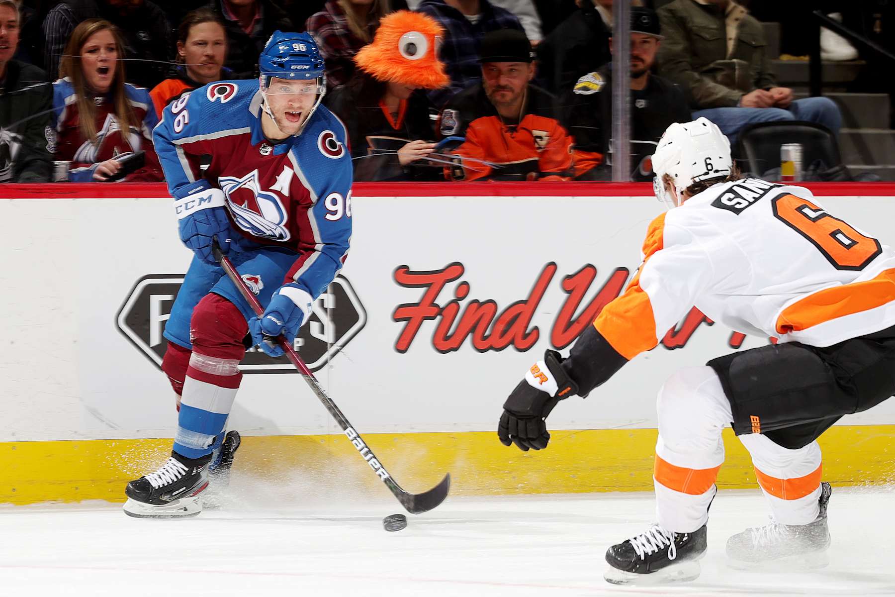 DENVER, COLORADO - DECEMBER 13: Mikko Rantanen #96 of the Colorado Avalanche skates against Travis Sanheim #6 of the Philadelphia Flyers at Ball Arena on December 13, 2022 in Denver, Colorado. (Photo by Michael Martin/NHLI via Getty Images)