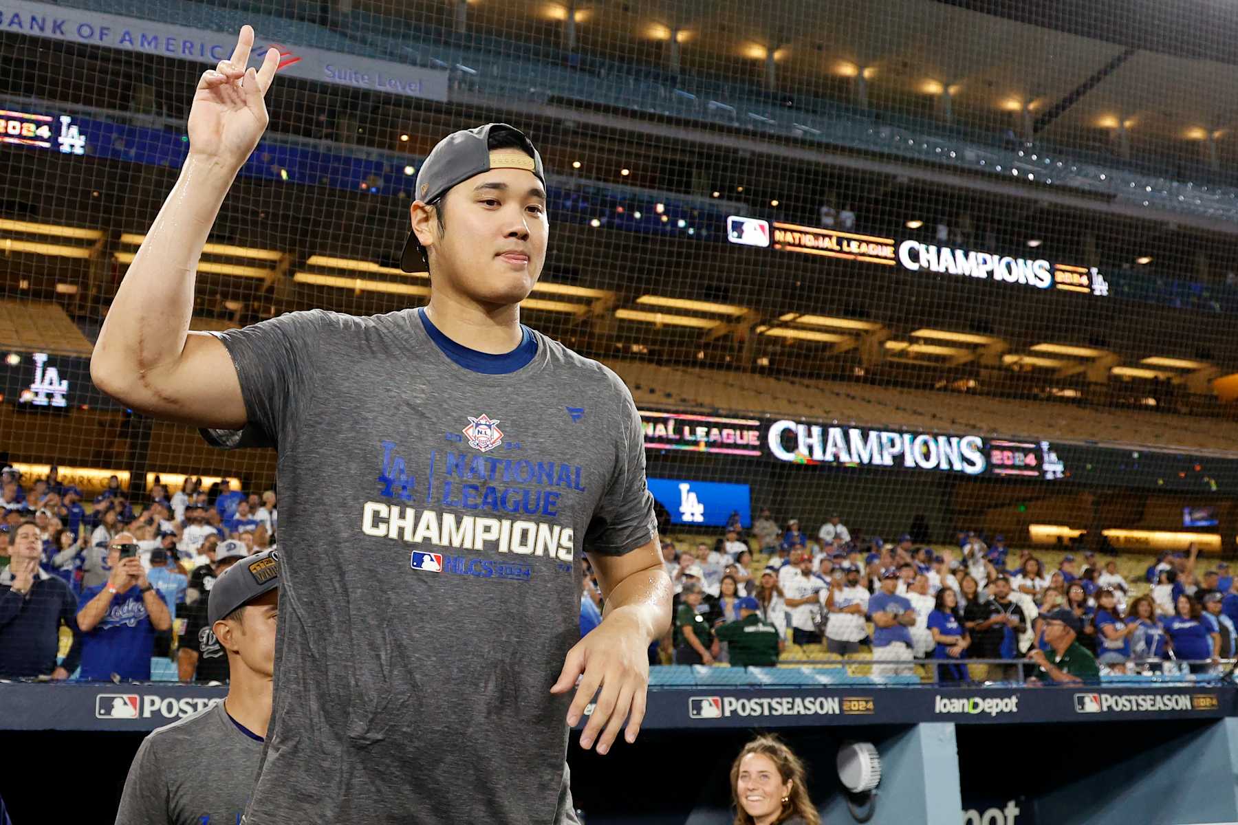 LOS ANGELES, CALIFORNIA - OCTOBER 20:  Shohei Ohtani #17 of the Los Angeles Dodgers walks onto the field from the locker room celebration after the Dodgers defeated the New York Mets to win Game Six of the National League Championship Series at Dodger Stadium on October 20, 2024 in Los Angeles, California. (Photo by Kevork Djansezian/Getty Images)