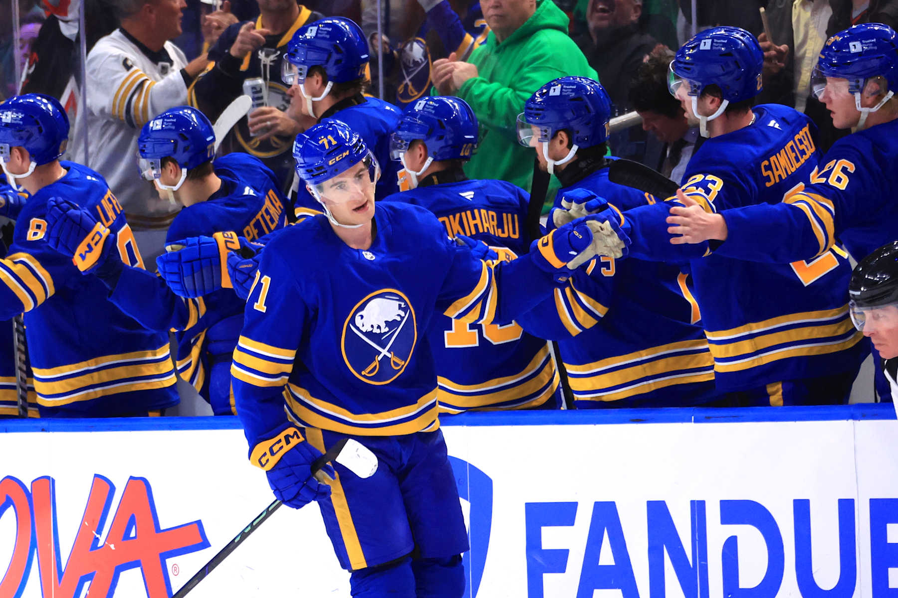 BUFFALO, NEW YORK - OCTOBER 22: Ryan McLeod #71 of the Buffalo Sabres celebrates his second period goal against the Dallas Stars during an NHL game on October 22, 2024 at KeyBank Center in Buffalo, New York. (Photo by Bill Wippert/NHLI via Getty Images)