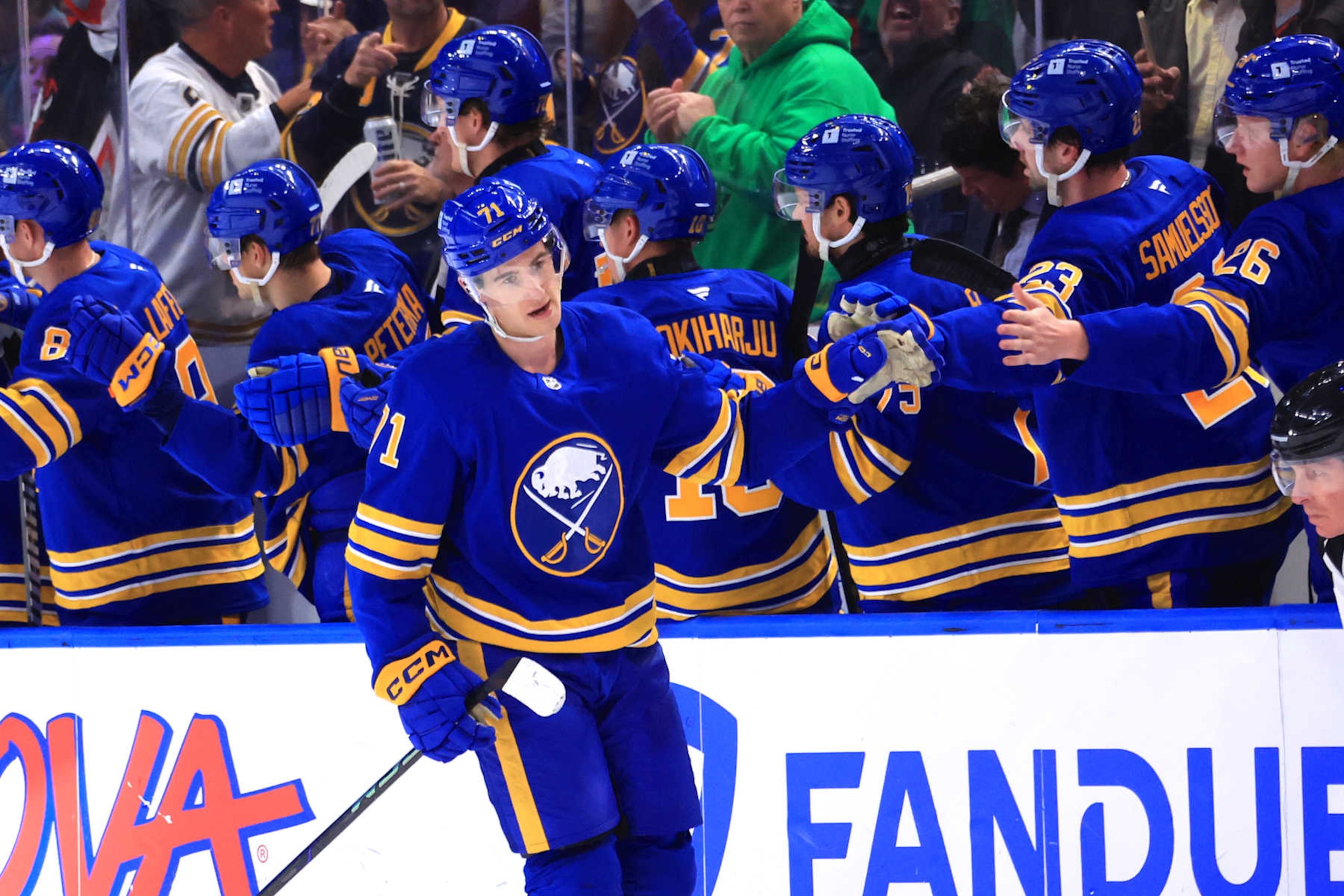 BUFFALO, NEW YORK - OCTOBER 22: Ryan McLeod #71 of the Buffalo Sabres celebrates his second period goal against the Dallas Stars during an NHL game on October 22, 2024 at KeyBank Center in Buffalo, New York. (Photo by Bill Wippert/NHLI via Getty Images) BUFFALO, NEW YORK - OCTOBER 22: Ryan McLeod #71 of the Buffalo Sabres celebrates his second period goal against the Dallas Stars during an NHL game on October 22, 2024 at KeyBank Center in Buffalo, New York. (Photo by Bill Wippert/NHLI via Getty Images)