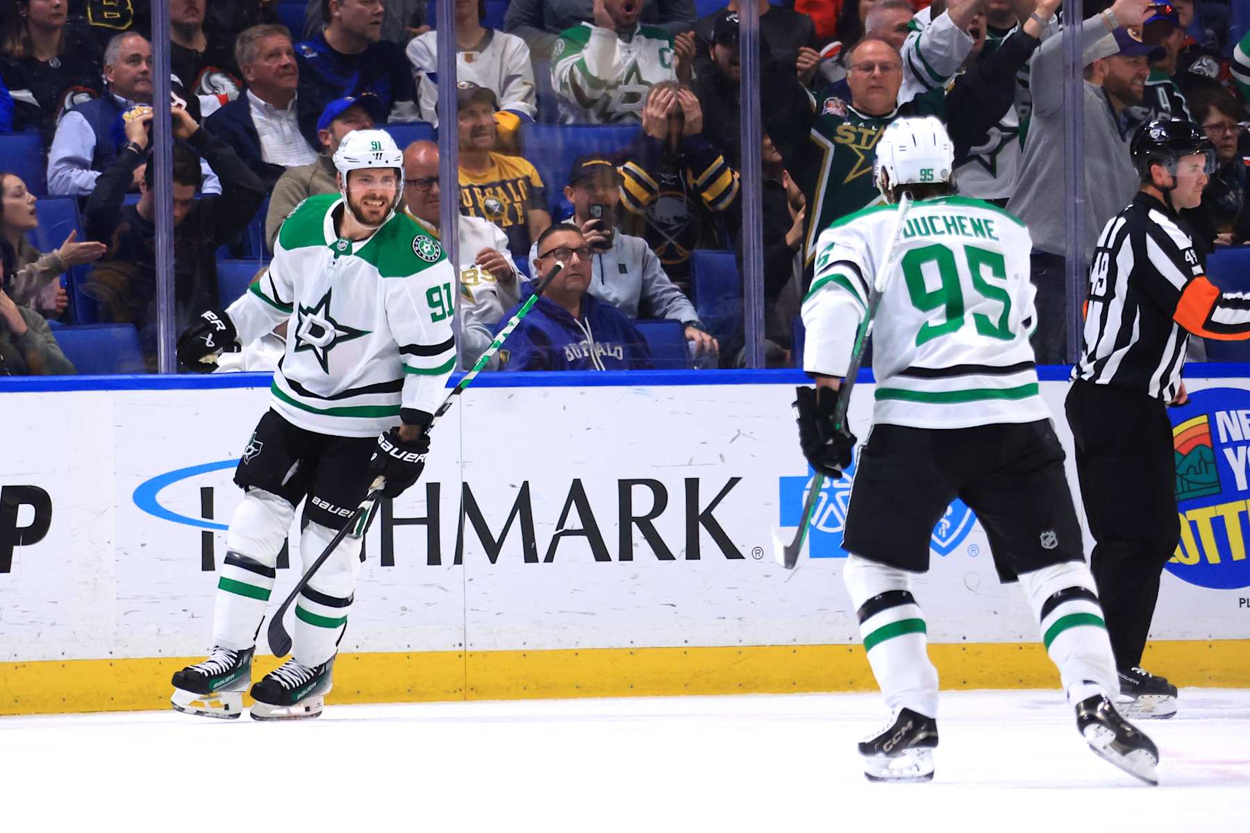 BUFFALO, NEW YORK - OCTOBER 22: Tyler Seguin #91 of the Dallas Stars celebrates his third period goal against the Buffalo Sabres with Matt Duchene #95 during an NHL game on October 22, 2024 at KeyBank Center in Buffalo, New York. (Photo by Bill Wippert/NHLI via Getty Images)