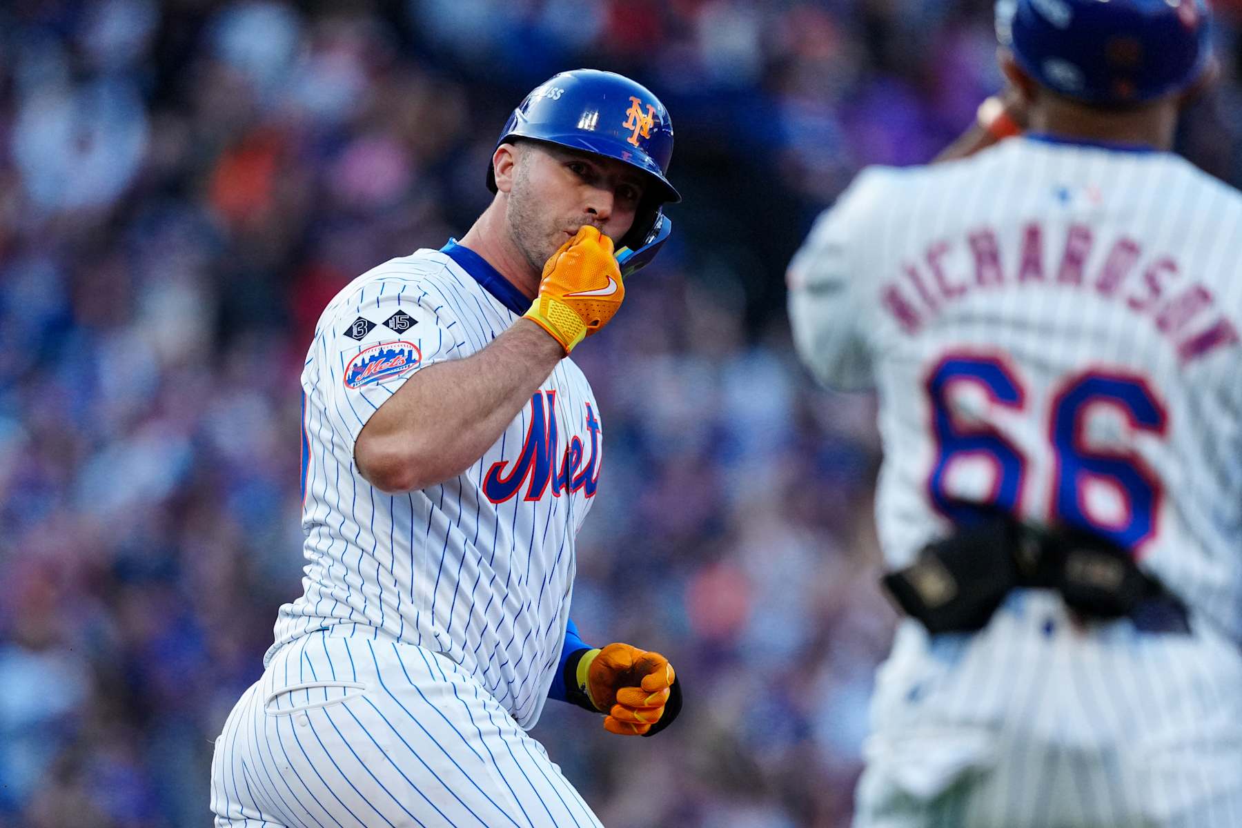 NEW YORK, NY - OCTOBER 18: Pete Alonso #20 of the New York Mets rounds the bases after hitting a three-run home run in the first inning of Game 5 of the NLCS presented by loanDepot between the Los Angeles Dodgers and the New York Mets at Citi Field on Friday, October 18, 2024 in New York, New York. (Photo by Daniel Shirey/MLB Photos via Getty Images)