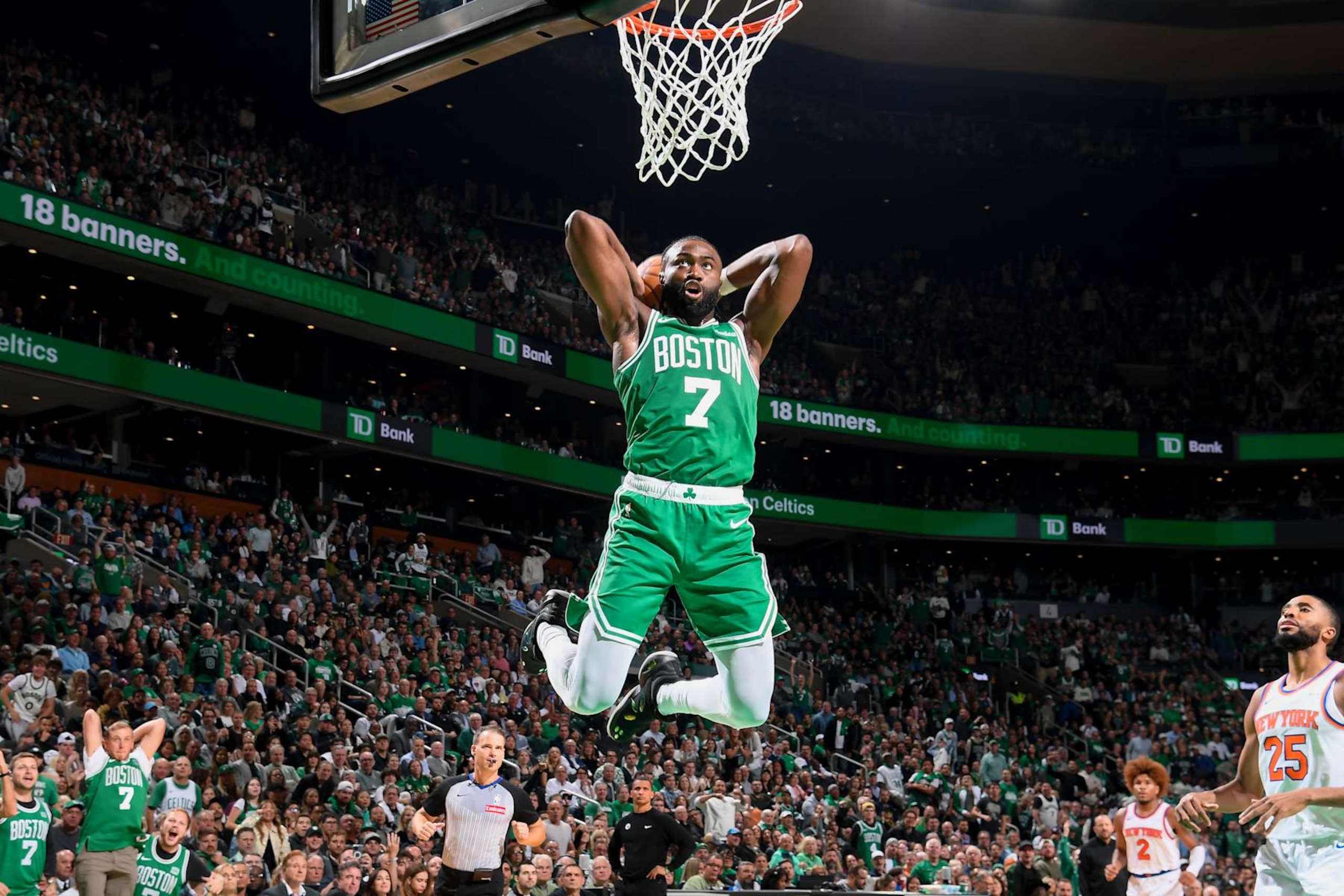 BOSTON, MA - OCTOBER 22: Jaylen Brown #7 of the Boston Celtics dunks the ball during the game against the New York Knicks on October 22, 2024 at TD Garden in Boston, Massachusetts. NOTE TO USER: User expressly acknowledges and agrees that, by downloading and/or using this Photograph, user is consenting to the terms and conditions of the Getty Images License Agreement. Mandatory Copyright Notice: Copyright 2024 NBAE (Photo by Brian Babineau/NBAE via Getty Images)