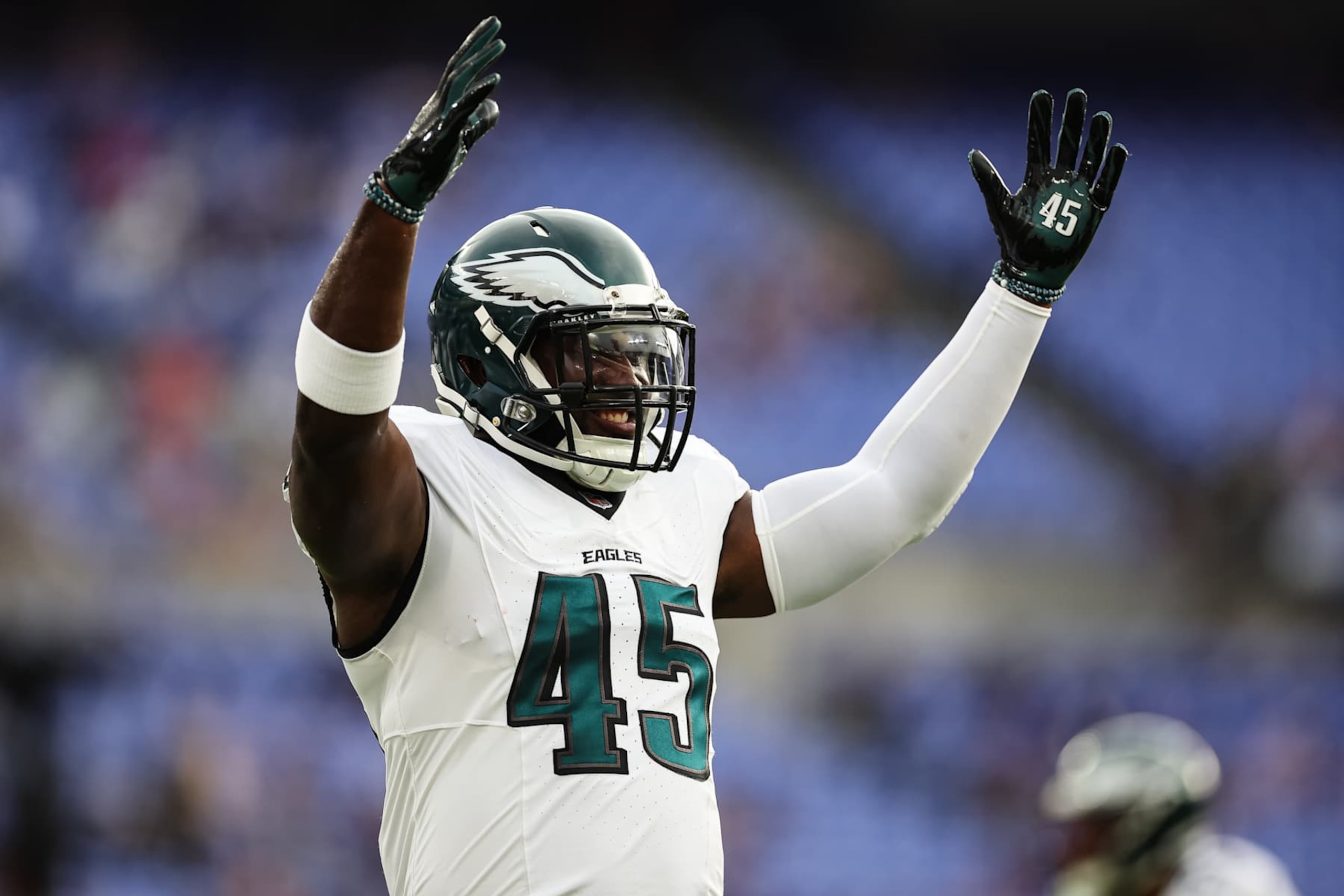 BALTIMORE, MD - AUGUST 09: Devin White #45 of the Philadelphia Eagles reacts before a preseason game against the Baltimore Ravens at M&T Bank Stadium on August 9, 2024 in Baltimore, Maryland. (Photo by Scott Taetsch/Getty Images)