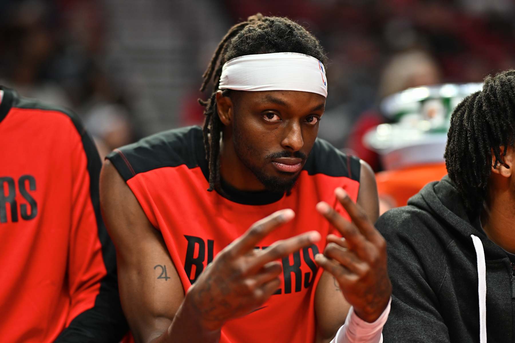 PORTLAND, OREGON - OCTOBER 18: Jerami Grant #9 of the Portland Trail Blazers gestures during the fourth quarter of the preseason game against the Utah Jazz at Moda Center on October 18, 2024 in Portland, Oregon. NOTE TO USER: User expressly acknowledges and agrees that, by downloading and or using this photograph, User is consenting to the terms and conditions of the Getty Images License Agreement. (Photo by Alika Jenner/Getty Images)