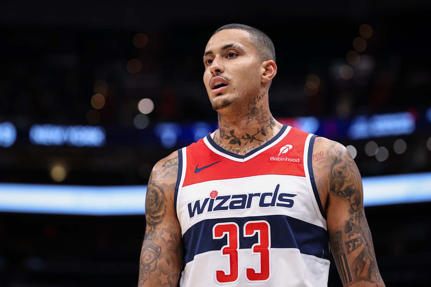 WASHINGTON, DC - OCTOBER 18: Kyle Kuzma #33 of the Washington Wizards looks on against the New York Knicks during the first half of the preseason game at Capital One Arena on October 18, 2024 in Washington, DC. NOTE TO USER: User expressly acknowledges and agrees that, by downloading and or using this photograph, User is consenting to the terms and conditions of the Getty Images License Agreement. (Photo by Scott Taetsch/Getty Images)