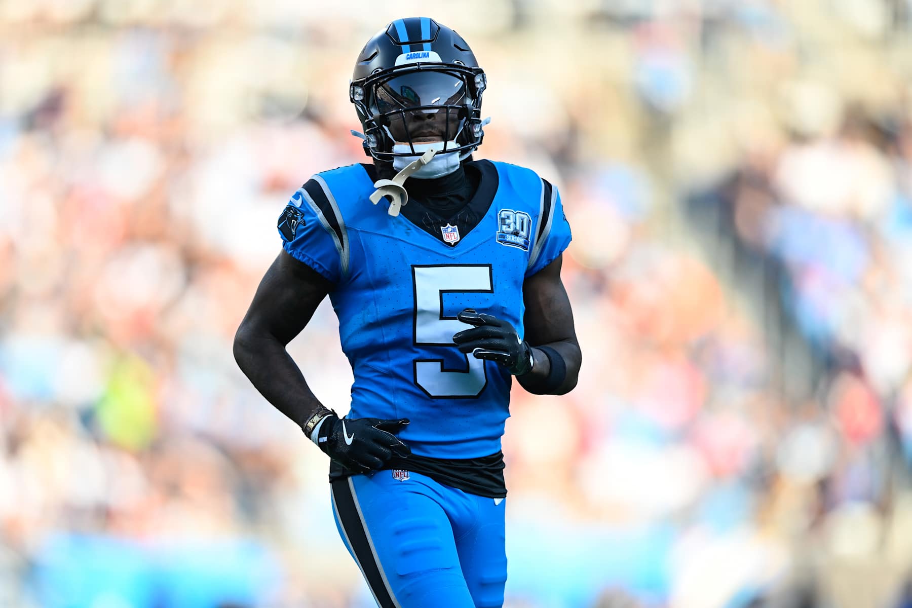 CHARLOTTE, NORTH CAROLINA - OCTOBER 13: Diontae Johnson #5 of the Carolina Panthers looks on during the second quarter of their game against the Atlanta Falcons at Bank of America Stadium on October 13, 2024 in Charlotte, North Carolina. (Photo by Matt Kelley/Getty Images)