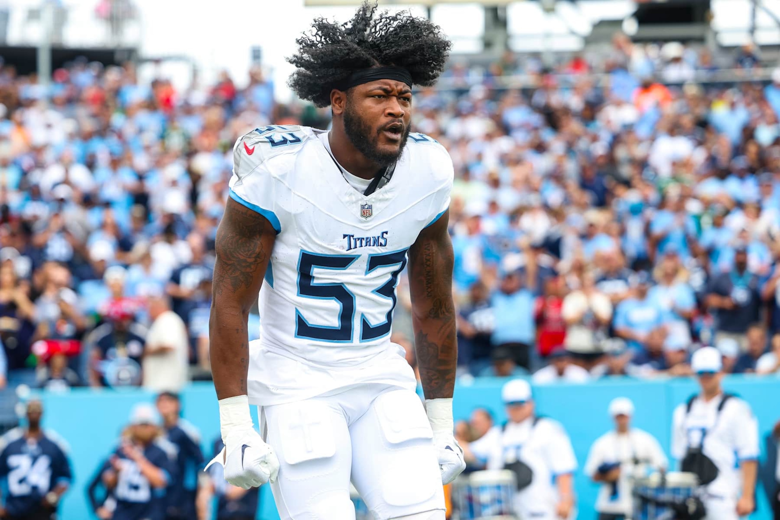 NASHVILLE, TN - SEPTEMBER 15: Ernest Jones IV #53 of the Tennessee Titans runs out of the tunnel prior to an NFL football game against the New York Jets at Nissan Stadium on September 15, 2024 in Nashville, TN. (Photo by Perry Knotts/Getty Images)