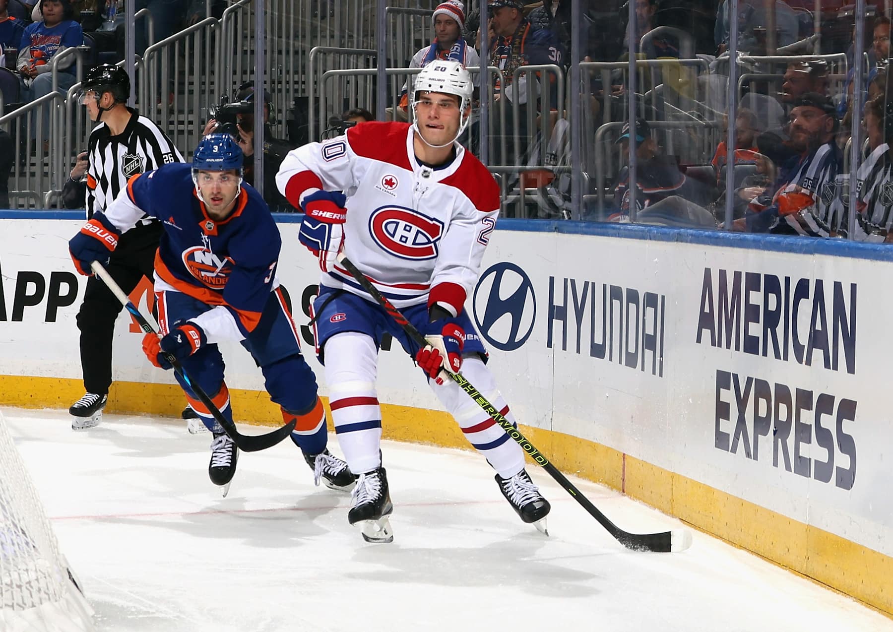 ELMONT, NEW YORK - OCTOBER 19: Juraj Slafkovsky #20 of the Montreal Canadiens skates against the New York Islanders at UBS Arena on October 19, 2024 in Elmont, New York. (Photo by Bruce Bennett/Getty Images)