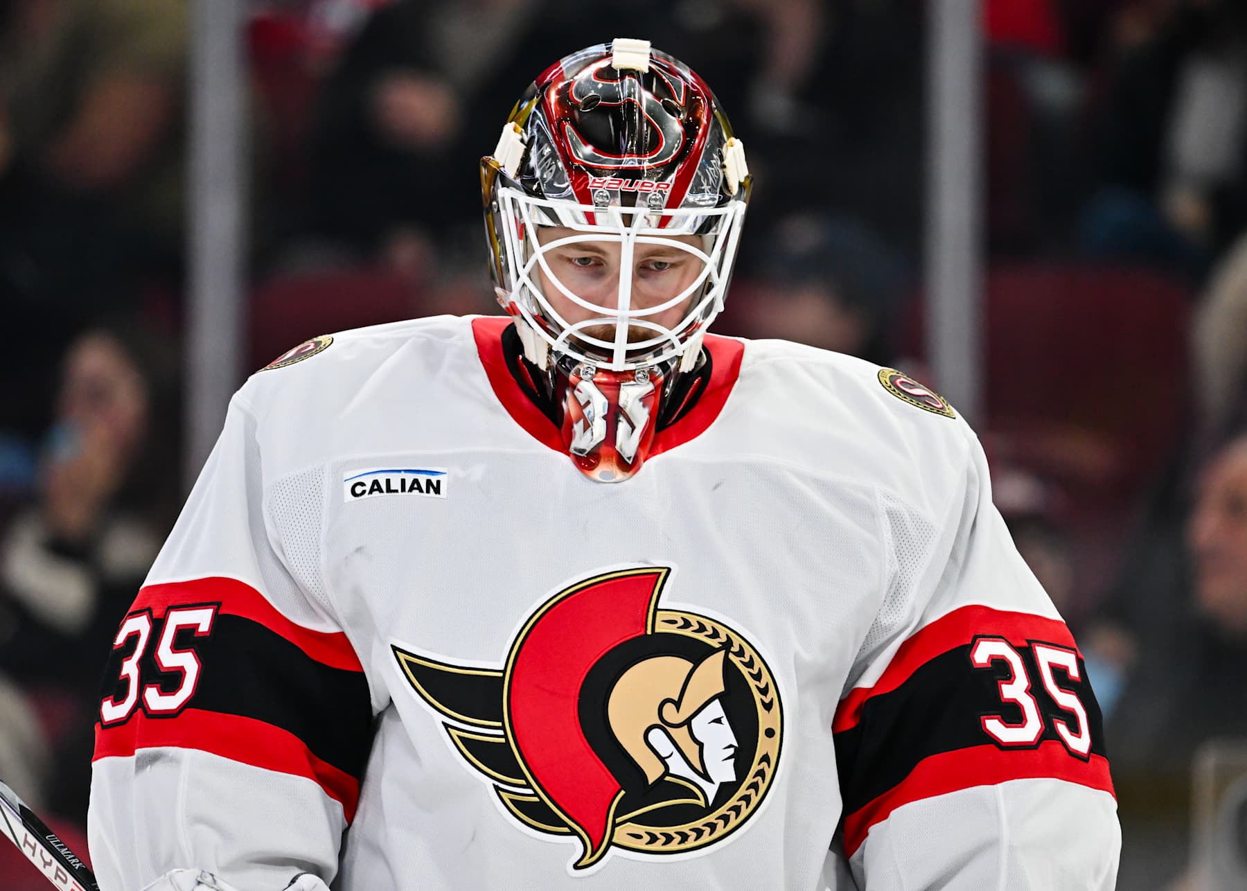 MONTREAL, CANADA - OCTOBER 12:  Linus Ullmark #35 of the Ottawa Senators skates during the second period against the Montreal Canadiens at the Bell Centre on October 12, 2024 in Montreal, Quebec, Canada.  The Montreal Canadiens defeated the Ottawa Senators 4-1.  (Photo by Minas Panagiotakis/Getty Images)