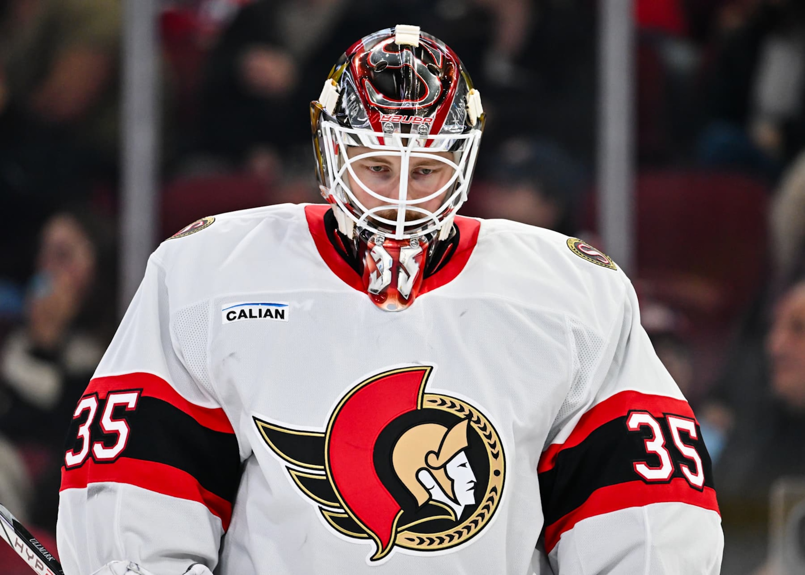 MONTREAL, CANADA - OCTOBER 12: Linus Ullmark #35 of the Ottawa Senators skates during the second period against the Montreal Canadiens at the Bell Centre on October 12, 2024 in Montreal, Quebec, Canada. The Montreal Canadiens defeated the Ottawa Senators 4-1. (Photo by Minas Panagiotakis/Getty Images) MONTREAL, CANADA - OCTOBER 12: Linus Ullmark #35 of the Ottawa Senators skates during the second period against the Montreal Canadiens at the Bell Centre on October 12, 2024 in Montreal, Quebec, Canada. The Montreal Canadiens defeated the Ottawa Senators 4-1. (Photo by Minas Panagiotakis/Getty Images)