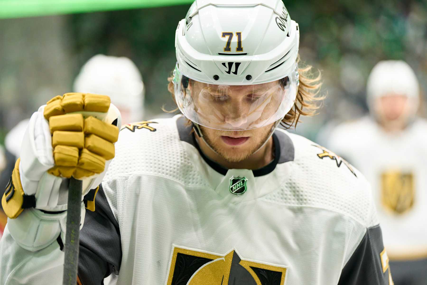 DALLAS, TEXAS - MAY 05: William Karlsson #71 of the Vegas Golden Knights skates off the ice between periods against the Dallas Stars in Game Seven of the First Round of the 2024 Stanley Cup Playoffs at the American Airlines Center on May 5, 2024 in Dallas, Texas.  (Photo by Cooper Neill/Getty Images)