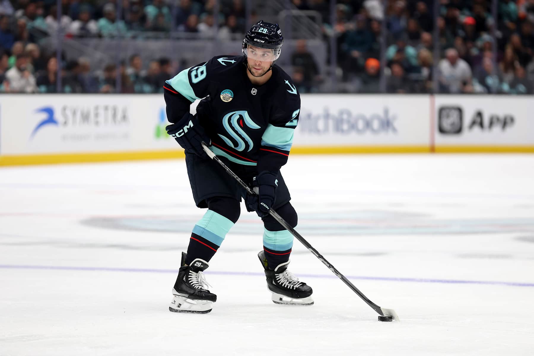 SEATTLE, WASHINGTON - OCTOBER 17: Vince Dunn #29 of the Seattle Kraken skates against the Philadelphia Flyers during the second period at Climate Pledge Arena on October 17, 2024 in Seattle, Washington. (Photo by Steph Chambers/Getty Images)