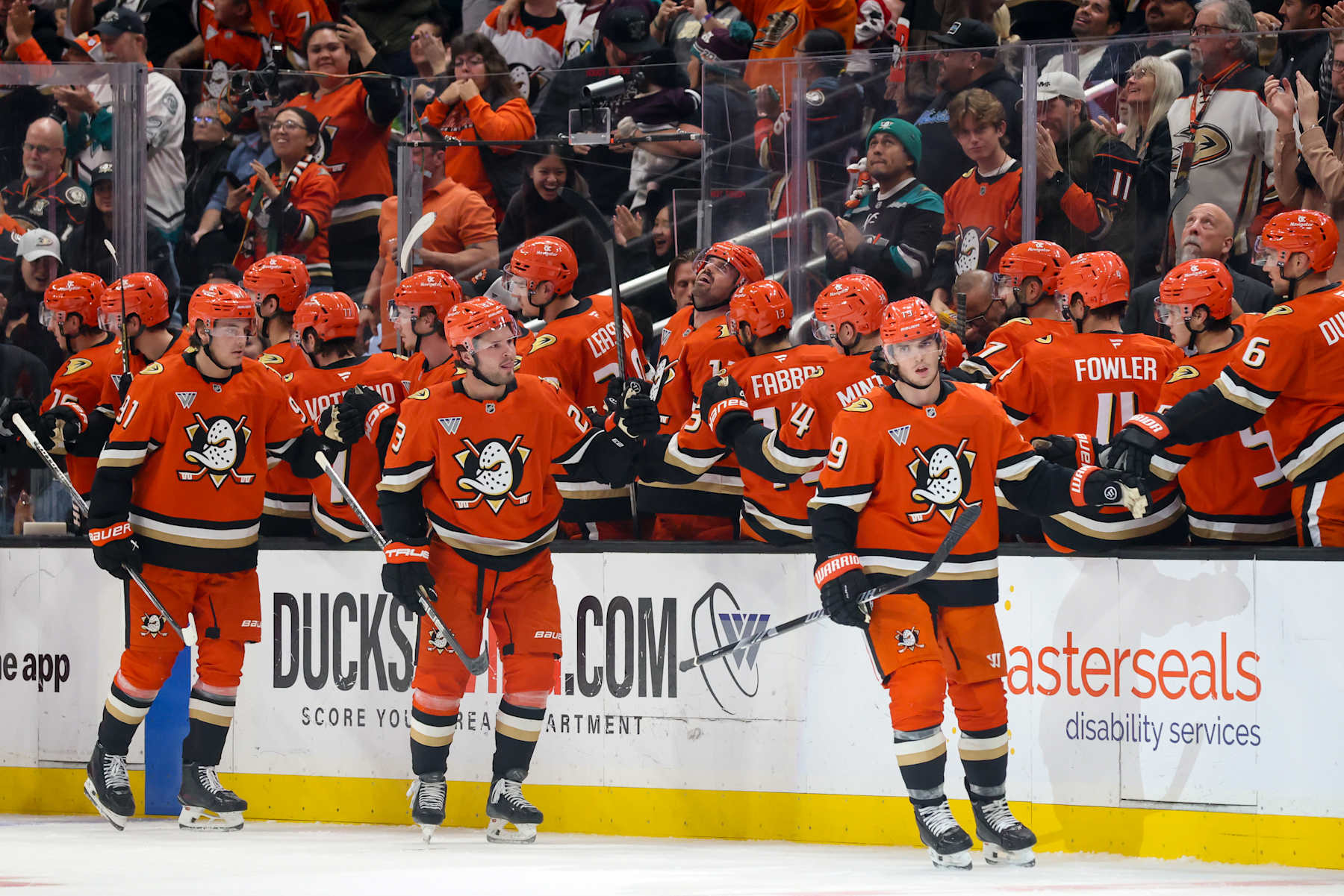 ANAHEIM, CA - OCTOBER 22:  Troy Terry #19 of the Anaheim Ducks celebrates his goal with teammates during the second period against the San Jose Sharks at Honda Center on October 22, 2024 in Anaheim, California. (Photo by Debora Robinson/NHLI via Getty Images)