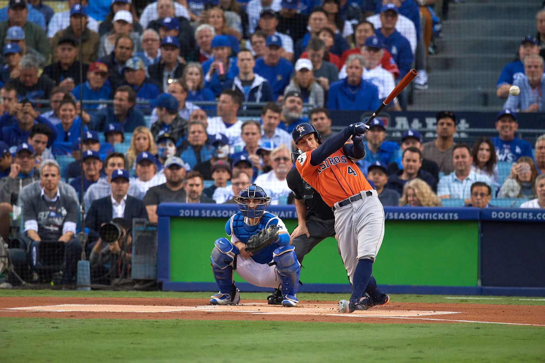 Baseball: World Series: Houston Astros George Springer (4) in action, at bat vs Los Angeles Dodgers at Dodger Stadium. Game 7. 
Los Angeles, CA 11/1/2017
CREDIT: John W. McDonough (Photo by John W. McDonough /Sports Illustrated via Getty Images)
(Set Number: X161490 TK7 )