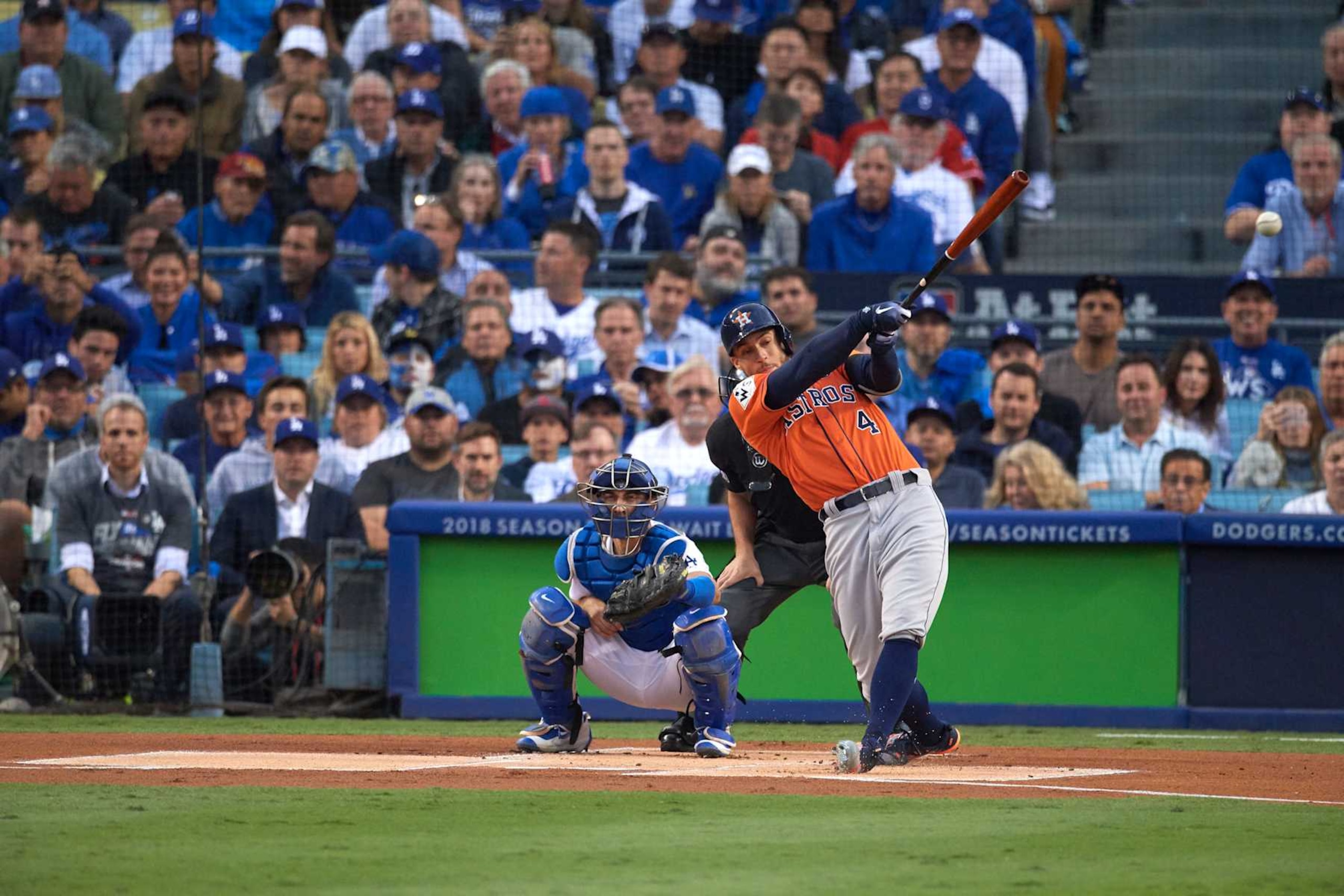 Baseball: World Series: Houston Astros George Springer (4) in action, at bat vs Los Angeles Dodgers at Dodger Stadium. Game 7. 
Los Angeles, CA 11/1/2017
CREDIT: John W. McDonough (Photo by John W. McDonough /Sports Illustrated via Getty Images)
(Set Number: X161490 TK7 )
