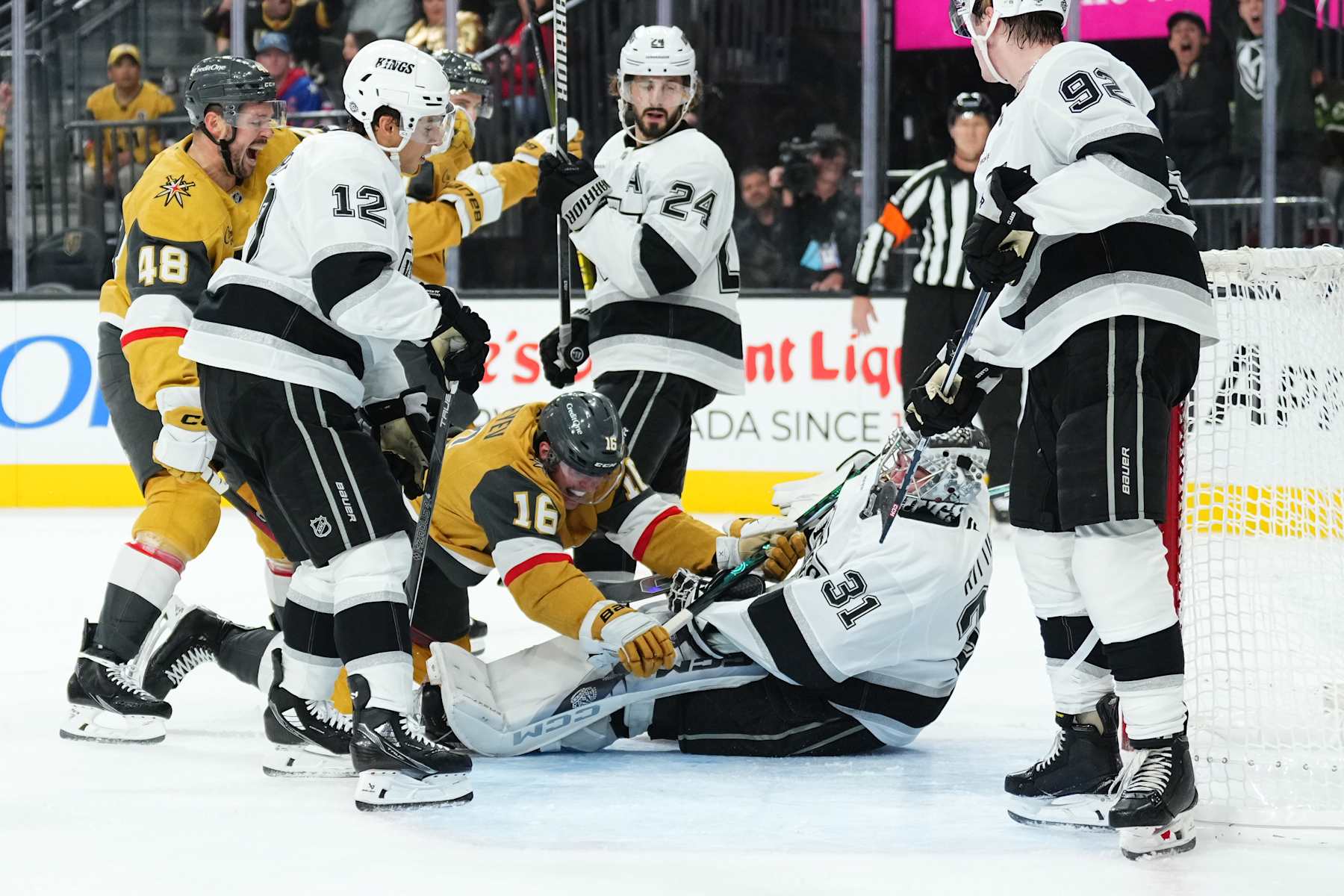 LAS VEGAS, NEVADA - OCTOBER 22: Pavel Dorofeyev #16 of the Vegas Golden Knights scores a goal against David Rittich #31 of the Los Angeles Kings during the first period at T-Mobile Arena on October 22, 2024 in Las Vegas, Nevada. (Photo by Jeff Bottari/NHLI via Getty Images)
