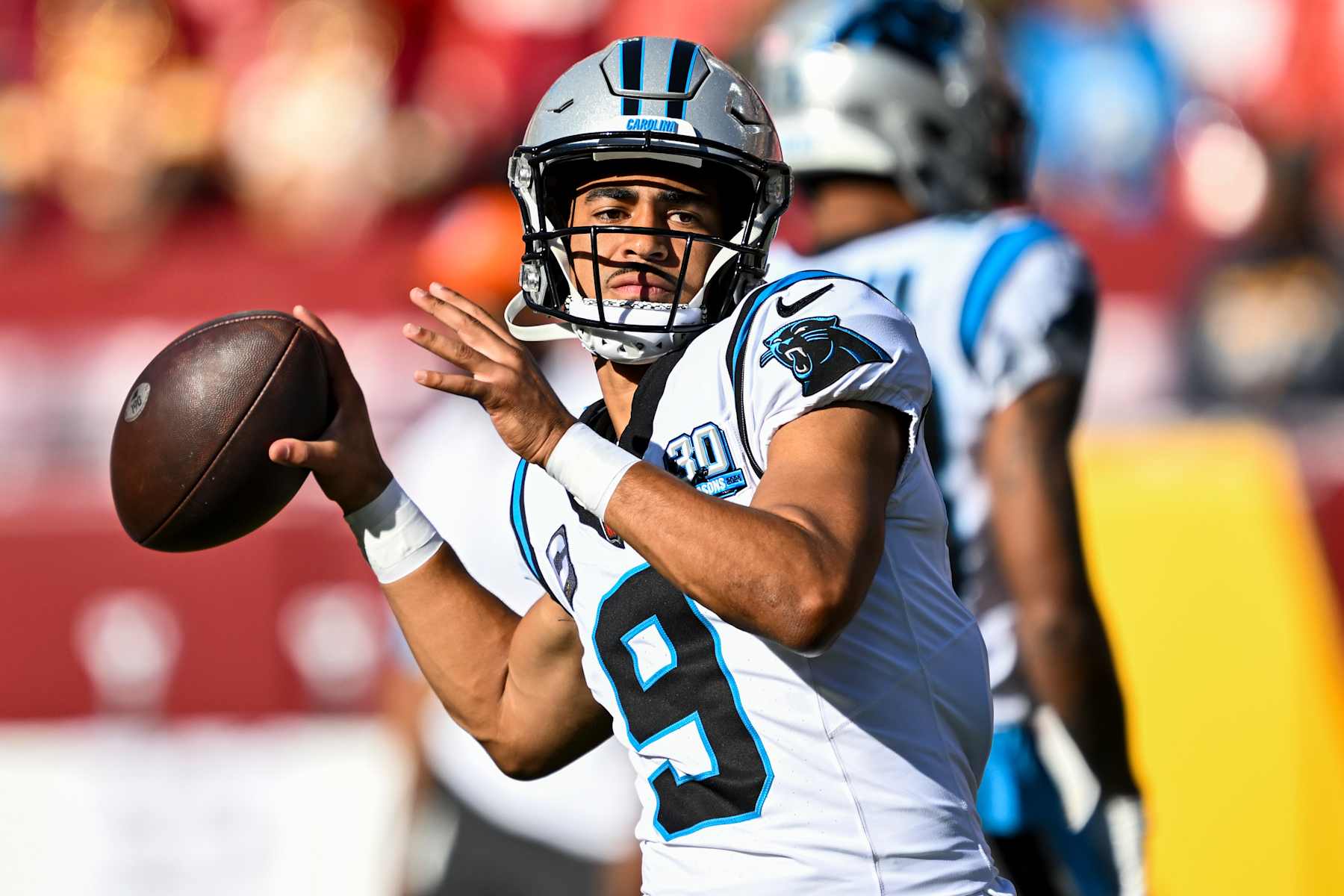 LANDOVER, MARYLAND - OCTOBER 20: Bryce Young #9 of the Carolina Panthers warms up prior to the game against the Washington Commanders at Northwest Stadium on October 20, 2024 in Landover, Maryland. (Photo by Greg Fiume/Getty Images)