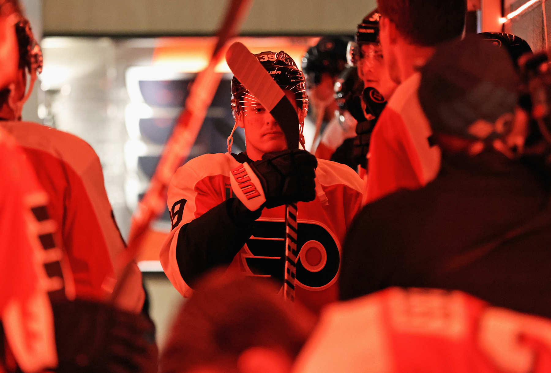 PHILADELPHIA, PENNSYLVANIA - OCTOBER 22: Matvei Michkov #39 of the Philadelphia Flyers walks through the hallway leading to the ice surface for warmups prior to his game against the Washington Capitals at the Wells Fargo Center on October 22, 2024 in Philadelphia, Pennsylvania.  (Photo by Len Redkoles/NHLI via Getty Images)