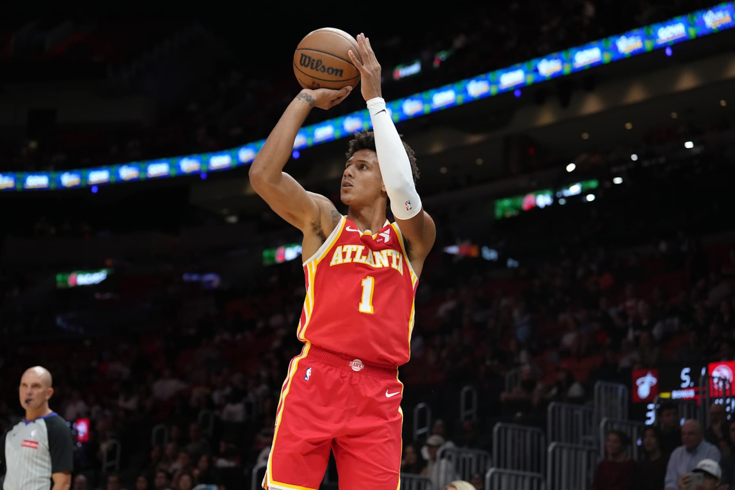 MIAMI, FL - OCTOBER 16: Jalen Johnson #1 of the Atlanta Hawks shoots the ball during the game against the Miami Heat during a preseason game on October 16, 2024 at Kaseya Center in Miami, Florida. NOTE TO USER: User expressly acknowledges and agrees that, by downloading and or using this Photograph, user is consenting to the terms and conditions of the Getty Images License Agreement. Mandatory Copyright Notice: Copyright 2024 NBAE (Photo by Eric Espada/NBAE via Getty Images)