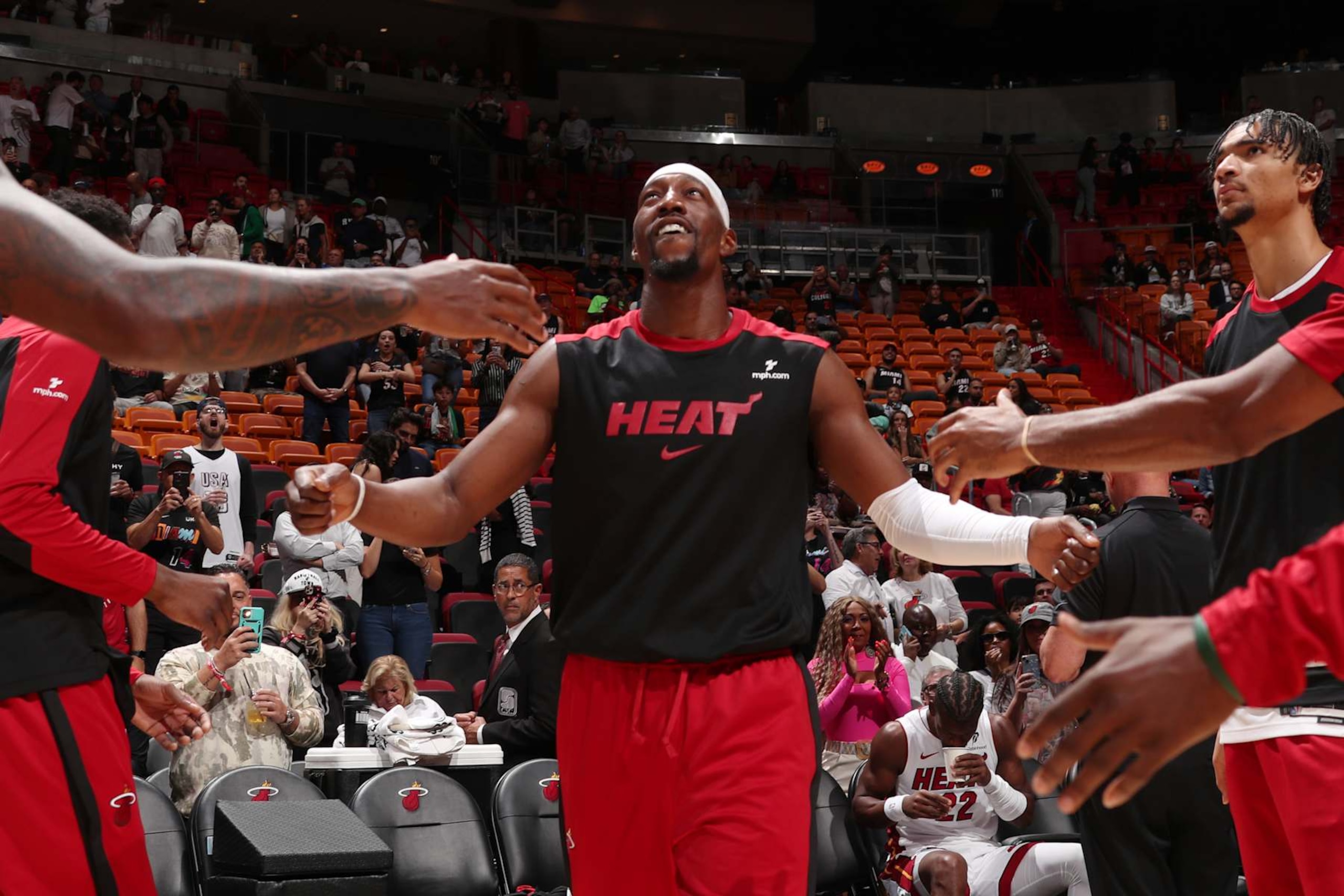 MIAMI, FL - OCTOBER 16: Bam Adebayo #13 of the Miami Heat walks on the court before the game against the Atlanta Hawks on October 16, 2024 at Miami-Dade Arena in Miami, Florida. NOTE TO USER: User expressly acknowledges and agrees that, by downloading and or using this Photograph, user is consenting to the terms and conditions of the Getty Images License Agreement. Mandatory Copyright Notice: Copyright 2024 NBAE (Photo by Issac Baldizon/NBAE via Getty Images)