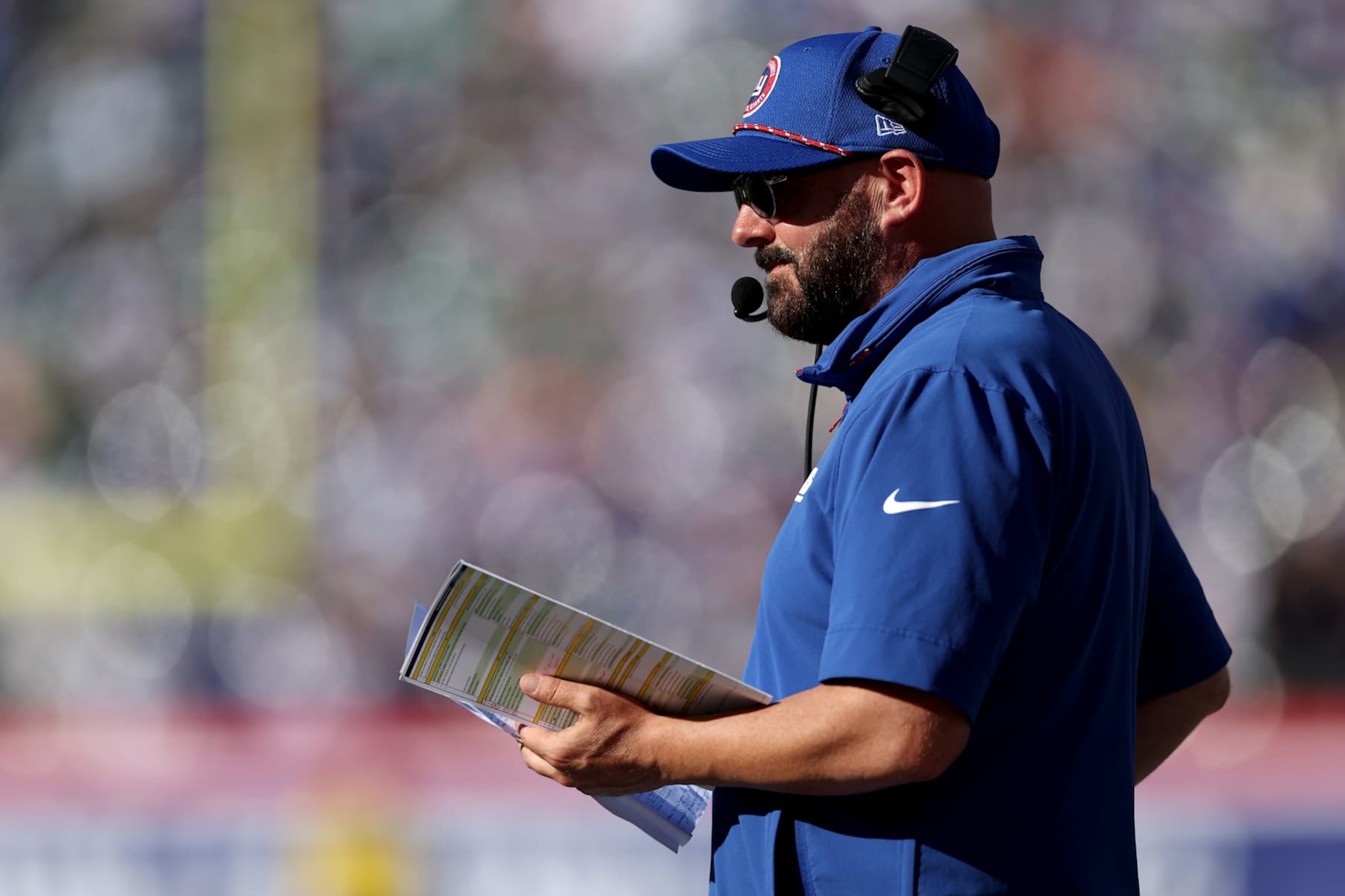 EAST RUTHERFORD, NEW JERSEY - OCTOBER 20: Head coach Brian Daboll of the New York Giants looks on during the third quarter against the Philadelphia Eagles at MetLife Stadium on October 20, 2024 in East Rutherford, New Jersey. (Photo by Luke Hales/Getty Images)