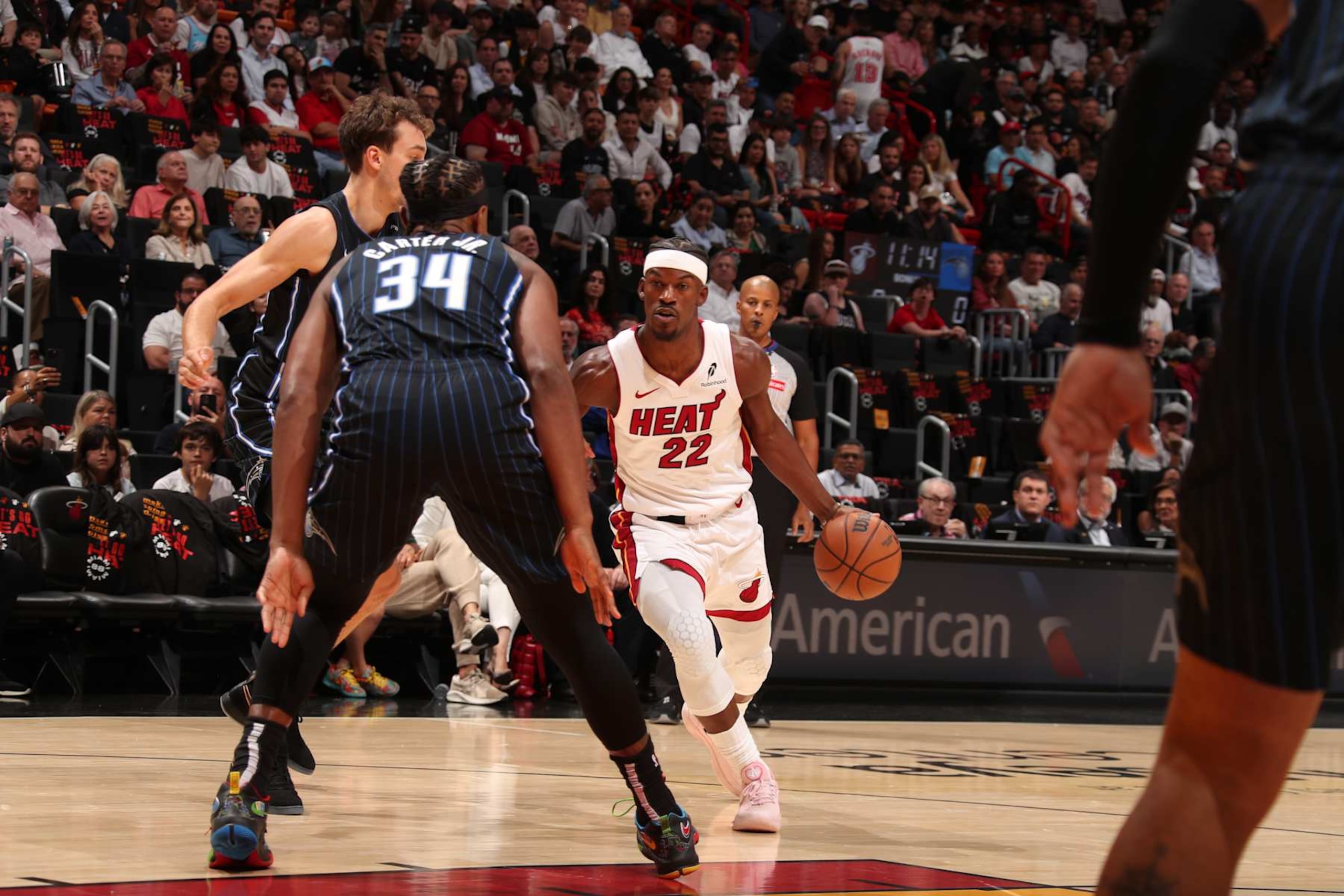 MIAMI, FL - OCTOBER 23: Jimmy Butler #22 of the Miami Heat handles the ball during the game against the Orlando Magic on October 23, 2024 at Kaseya Center in Miami, Florida. NOTE TO USER: User expressly acknowledges and agrees that, by downloading and or using this Photograph, user is consenting to the terms and conditions of the Getty Images License Agreement. Mandatory Copyright Notice: Copyright 2024 NBAE (Photo by Issac Baldizon/NBAE via Getty Images) MIAMI, FL - OCTOBER 23: Jimmy Butler #22 of the Miami Heat handles the ball during the game against the Orlando Magic on October 23, 2024 at Kaseya Center in Miami, Florida. NOTE TO USER: User expressly acknowledges and agrees that, by downloading and or using this Photograph, user is consenting to the terms and conditions of the Getty Images License Agreement. Mandatory Copyright Notice: Copyright 2024 NBAE (Photo by Issac Baldizon/NBAE via Getty Images)