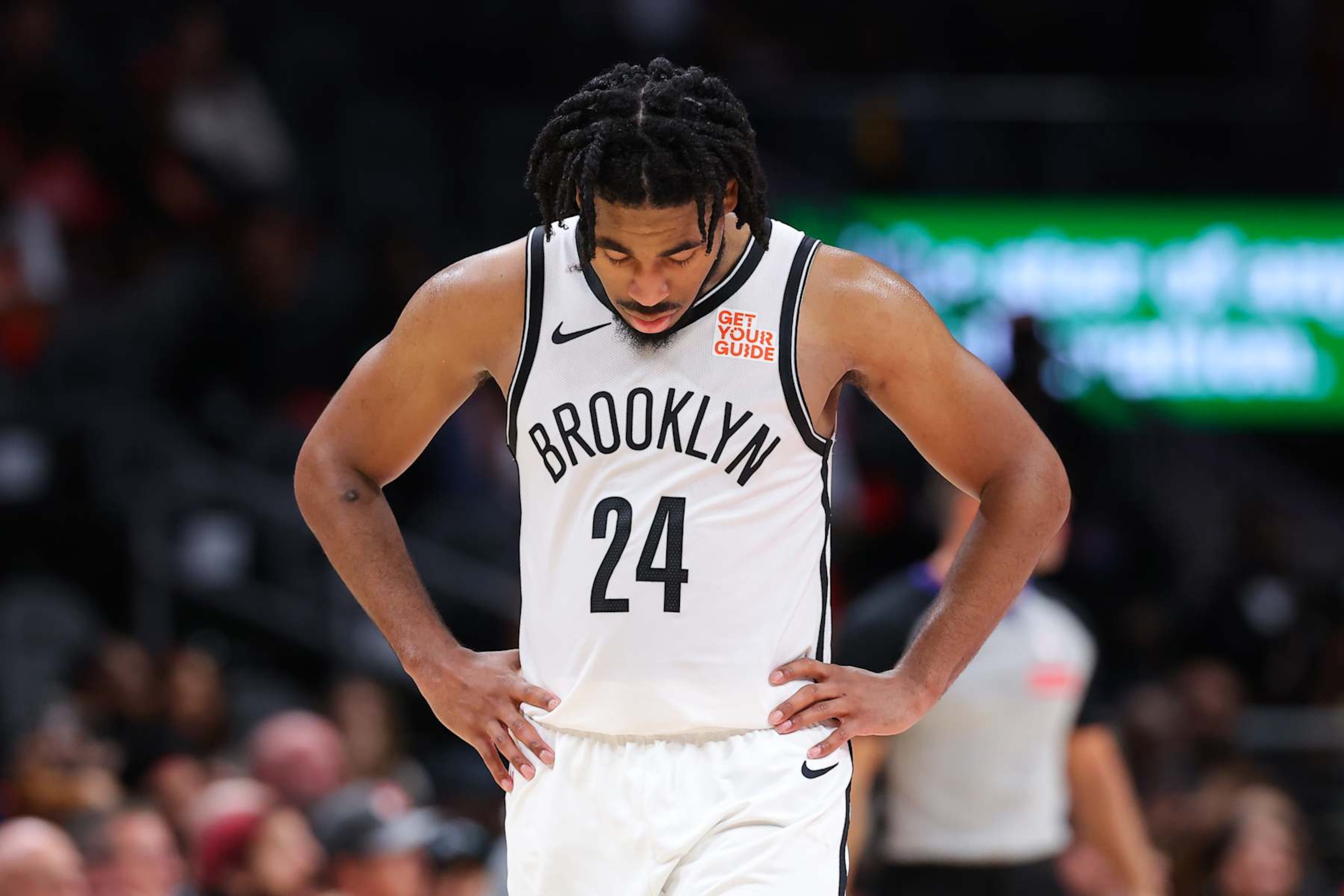 ATLANTA, GEORGIA - OCTOBER 23: Cam Thomas #24 of the Brooklyn Nets reacts during the fourth quarter against the Atlanta Hawks at State Farm Arena on October 23, 2024 in Atlanta, Georgia. NOTE TO USER: User expressly acknowledges and agrees that, by downloading and or using this photograph, User is consenting to the terms and conditions of the Getty Images License Agreement. (Photo by Kevin C. Cox/Getty Images)