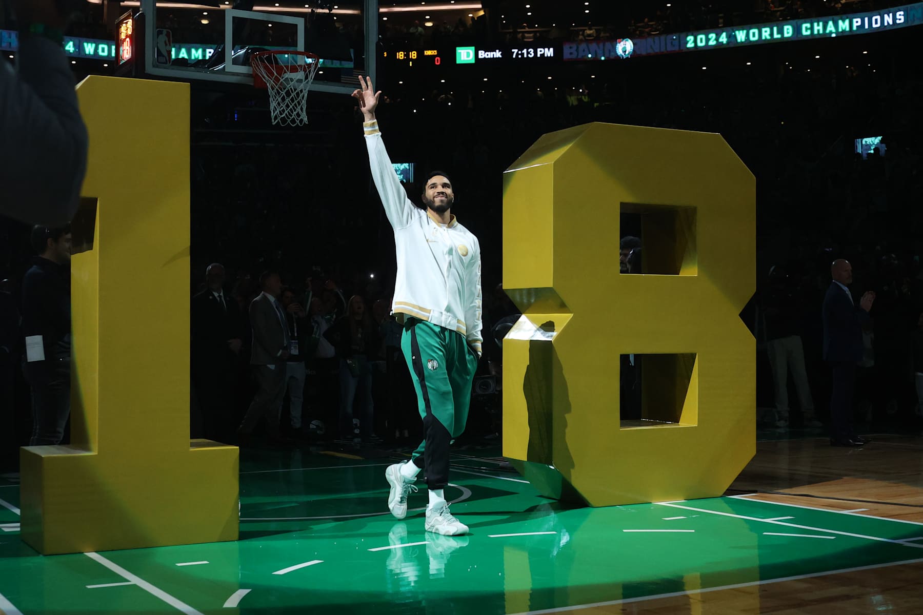 BOSTON, MA - OCTOBER 22: Jayson Tatum #0 of the Boston Celtics receives his 2024 Championship ring before the game against the New York Knicks on October 22, 2024 at TD Garden in Boston, Massachusetts. NOTE TO USER: User expressly acknowledges and agrees that, by downloading and or using this Photograph, user is consenting to the terms and conditions of the Getty Images License Agreement. Mandatory Copyright Notice: Copyright 2024 NBAE (Photo by Nathaniel S. Butler/NBAE via Getty Images)