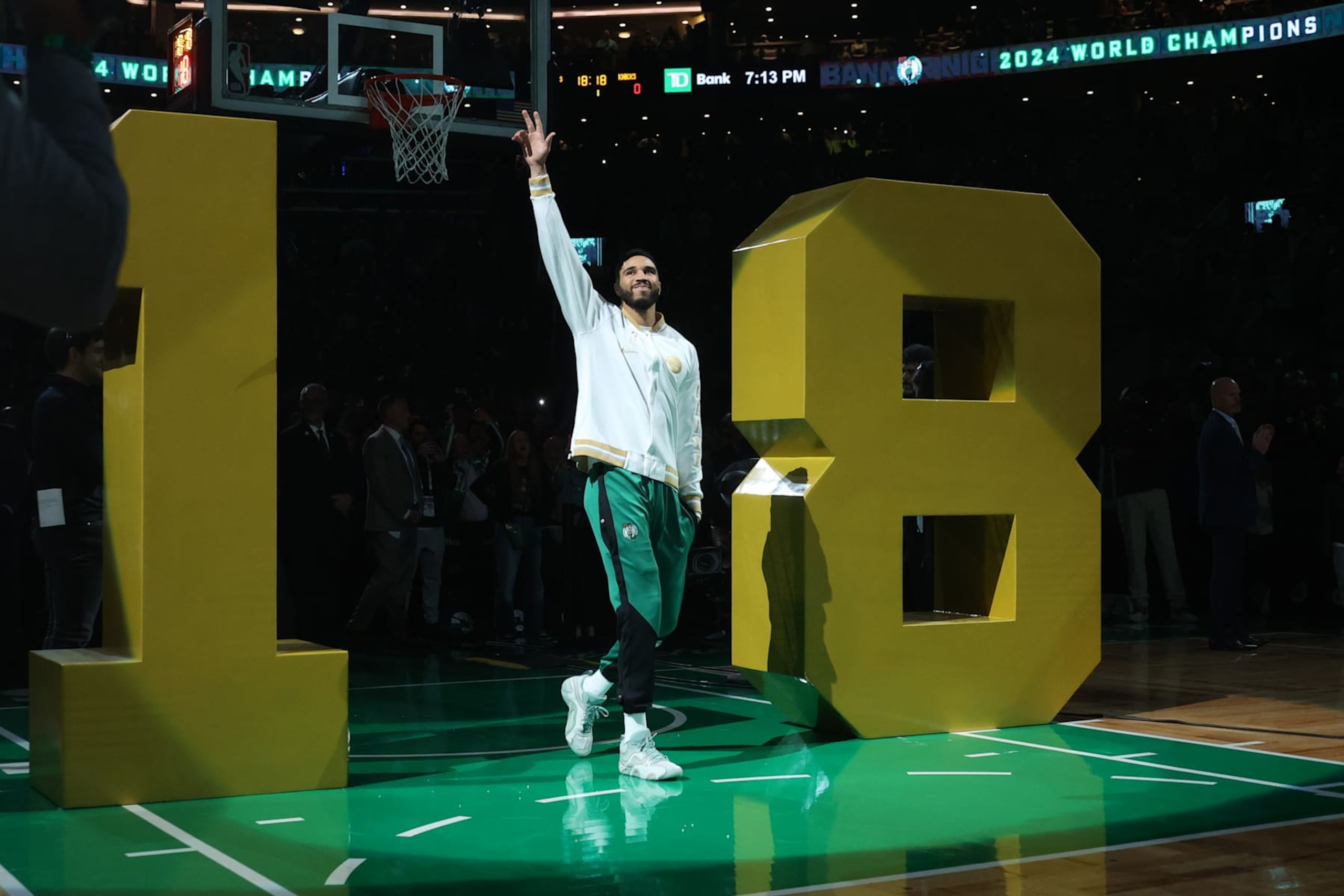 BOSTON, MA - OCTOBER 22: Jayson Tatum #0 of the Boston Celtics receives his 2024 Championship ring before the game against the New York Knicks on October 22, 2024 at TD Garden in Boston, Massachusetts. NOTE TO USER: User expressly acknowledges and agrees that, by downloading and or using this Photograph, user is consenting to the terms and conditions of the Getty Images License Agreement. Mandatory Copyright Notice: Copyright 2024 NBAE (Photo by Nathaniel S. Butler/NBAE via Getty Images)