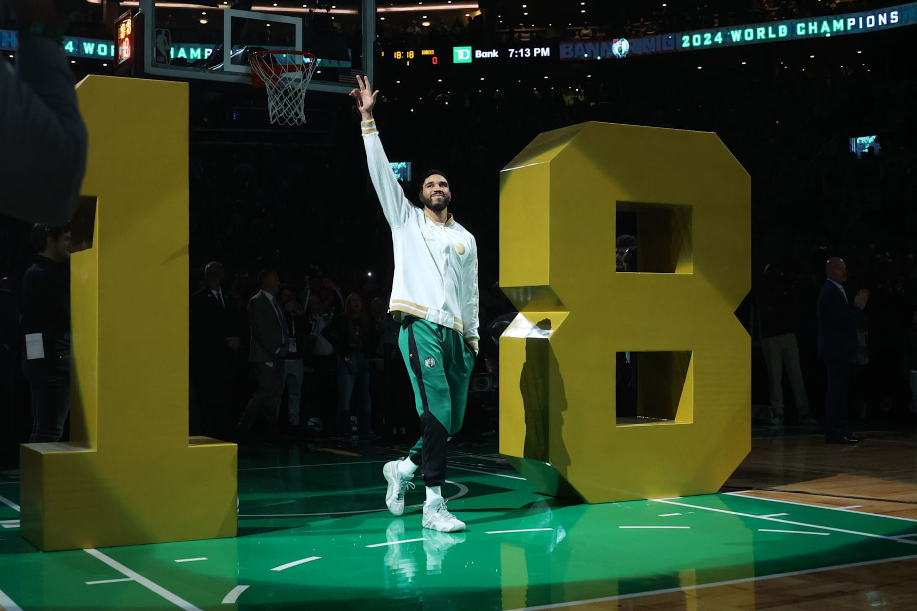 BOSTON, MA - OCTOBER 22: Jayson Tatum #0 of the Boston Celtics receives his 2024 Championship ring before the game against the New York Knicks on October 22, 2024 at TD Garden in Boston, Massachusetts. NOTE TO USER: User expressly acknowledges and agrees that, by downloading and or using this Photograph, user is consenting to the terms and conditions of the Getty Images License Agreement. Mandatory Copyright Notice: Copyright 2024 NBAE (Photo by Nathaniel S. Butler/NBAE via Getty Images)