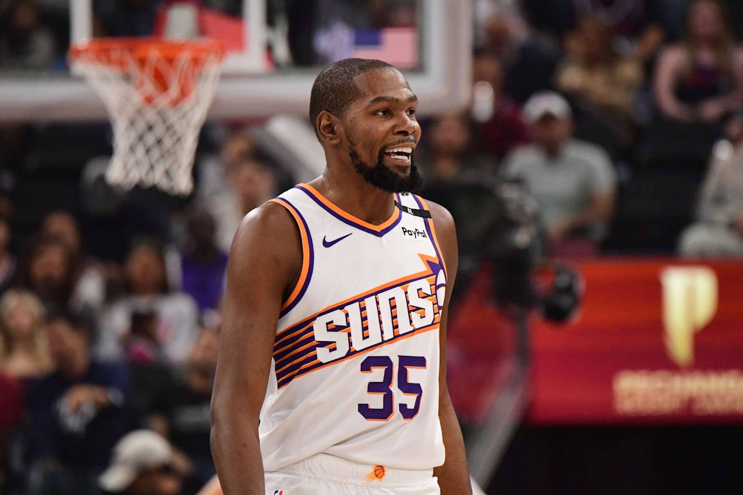INGLEWOOD, CA - OCTOBER 23: Kevin Durant #35 of the Phoenix Suns smiles against the LA Clippers on October 23, 2024 at Intuit Dome in Los Angeles, California. NOTE TO USER: User expressly acknowledges and agrees that, by downloading and/or using this Photograph, user is consenting to the terms and conditions of the Getty Images License Agreement. Mandatory Copyright Notice: Copyright 2024 NBAE (Photo by Adam Pantozzi/NBAE via Getty Images) INGLEWOOD, CA - OCTOBER 23: Kevin Durant #35 of the Phoenix Suns smiles against the LA Clippers on October 23, 2024 at Intuit Dome in Los Angeles, California. NOTE TO USER: User expressly acknowledges and agrees that, by downloading and/or using this Photograph, user is consenting to the terms and conditions of the Getty Images License Agreement. Mandatory Copyright Notice: Copyright 2024 NBAE (Photo by Adam Pantozzi/NBAE via Getty Images)