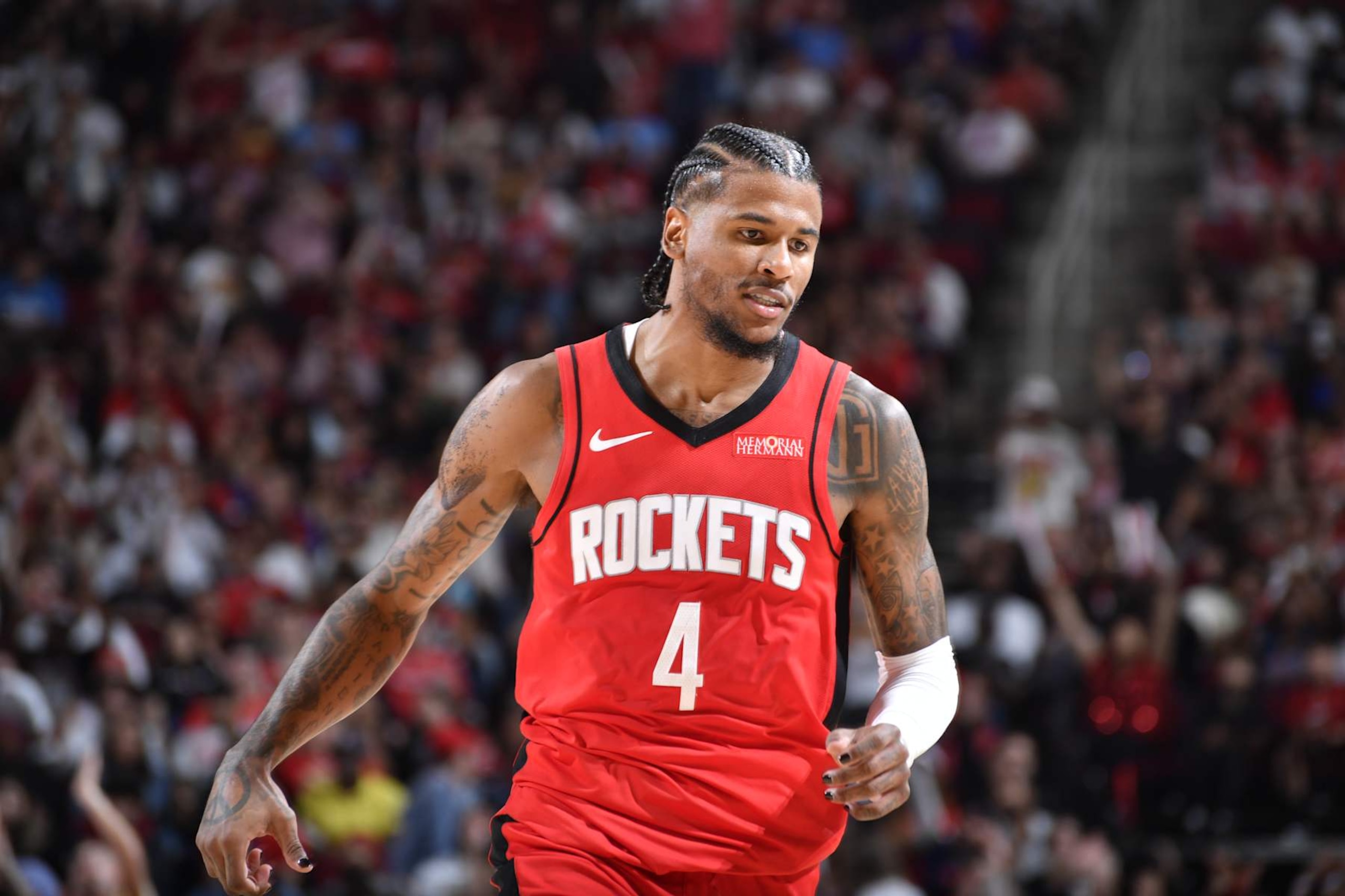 HOUSTON, TX - OCTOBER 23:  Jalen Green #4 of the Houston Rockets during the game against the Charlotte Hornets during a regular season game on October 23, 2024 at the Toyota Center in Houston, Texas. NOTE TO USER: User expressly acknowledges and agrees that, by downloading and or using this photograph, User is consenting to the terms and conditions of the Getty Images License Agreement. Mandatory Copyright Notice: Copyright 2024 NBAE (Photo by Logan Riely/NBAE via Getty Images)