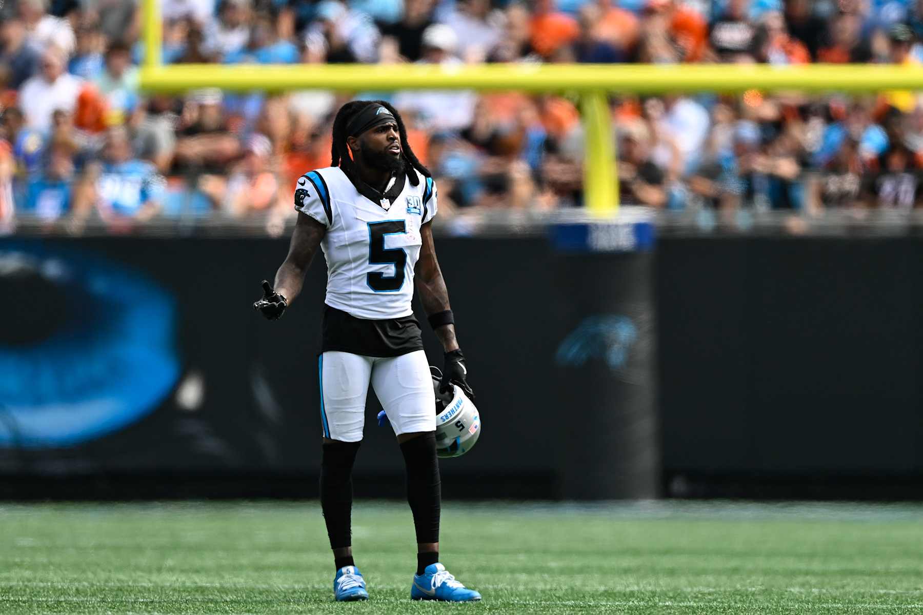 CHARLOTTE, NORTH CAROLINA - SEPTEMBER 29: Diontae Johnson (5) of the Carolina Panthers looks on during the first half of his game against the Cincinnati Bengals at Bank of America Stadium on September 29, 2024 in Charlotte, North Carolina. (Photo by Matt Kelley/Getty Images)
