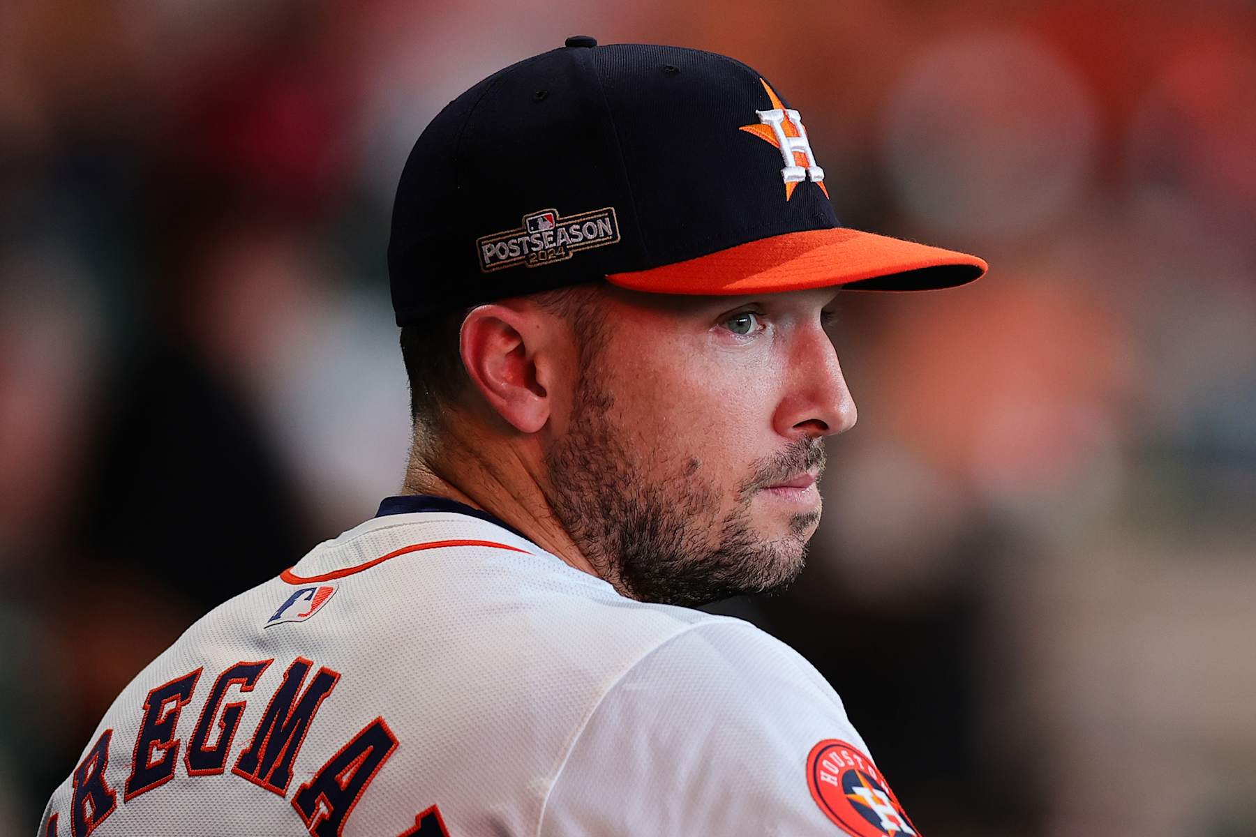 HOUSTON, TEXAS - OCTOBER 01: Alex Bregman #2 of the Houston Astros looks on prior to playing the Detroit Tigers during Game One of the Wild Card Series at Minute Maid Park on October 01, 2024 in Houston, Texas. (Photo by Alex Slitz/Getty Images)
