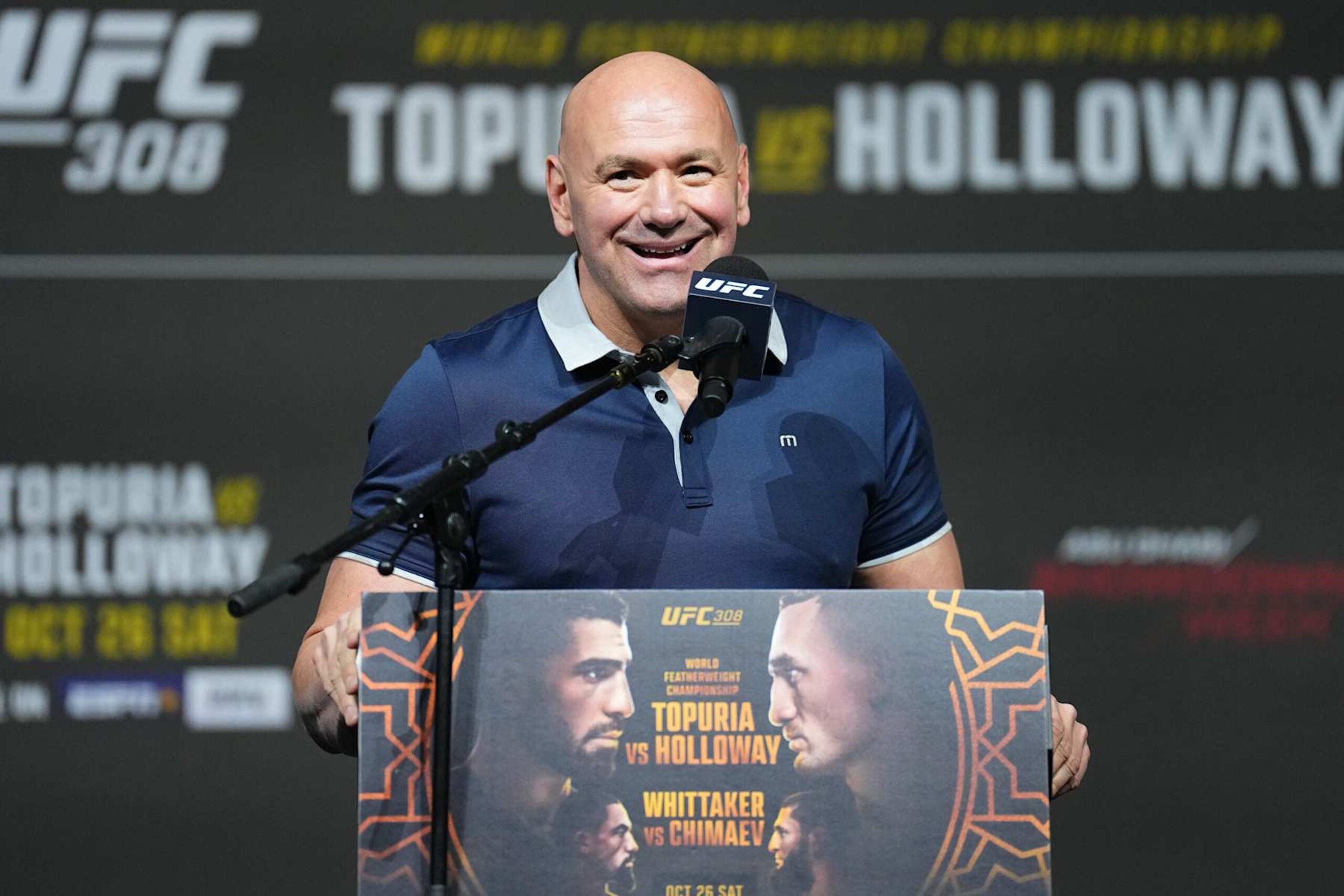 ABU DHABI, UNITED ARAB EMIRATES - OCTOBER 24: UFC CEO Dana White is seen on stage during the UFC 308 press conference at Etihad Arena on October 24, 2024 in Abu Dhabi, United Arab Emirates.  (Photo by Chris Unger/Zuffa LLC)