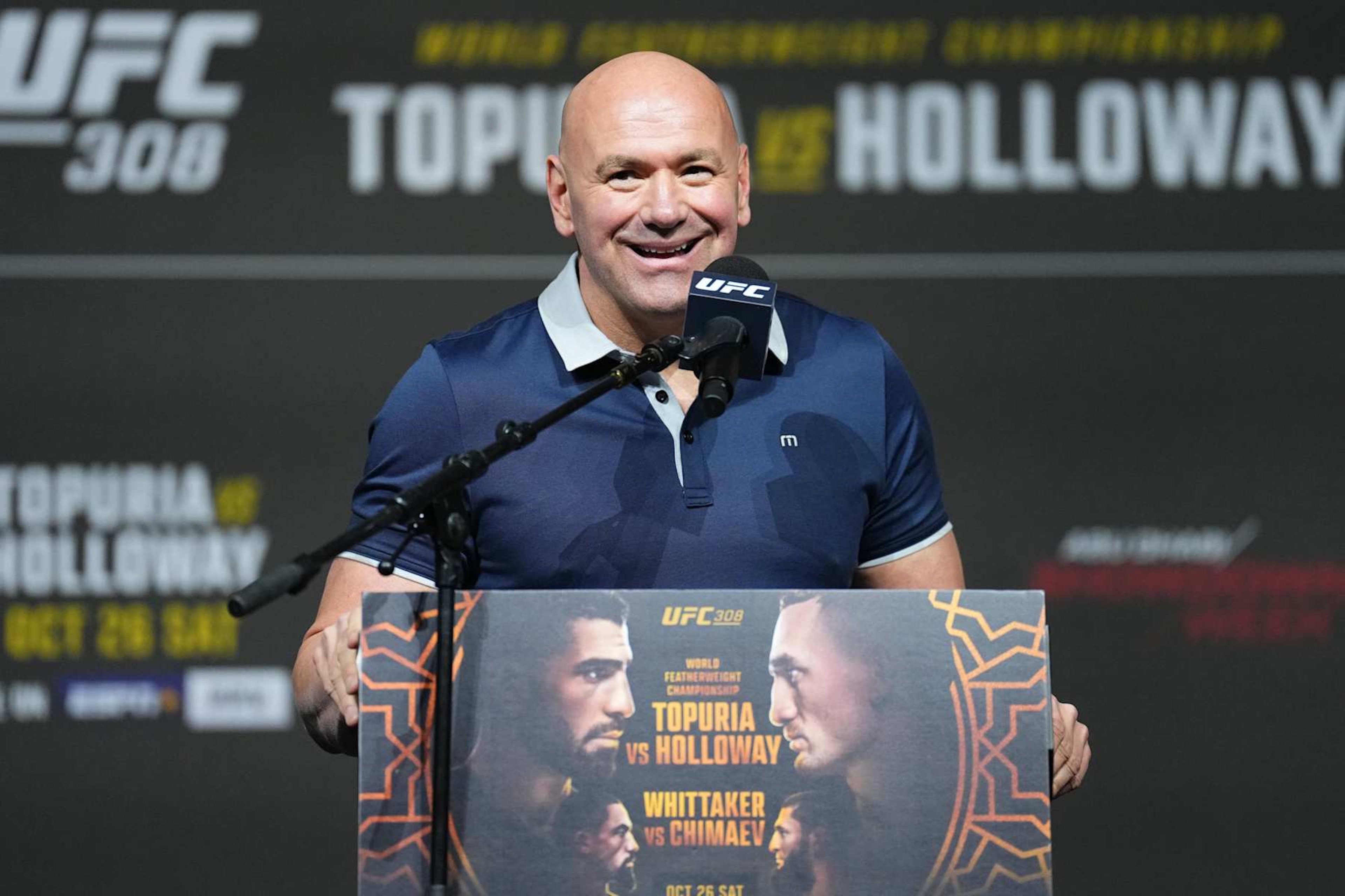 ABU DHABI, UNITED ARAB EMIRATES - OCTOBER 24: UFC CEO Dana White is seen on stage during the UFC 308 press conference at Etihad Arena on October 24, 2024 in Abu Dhabi, United Arab Emirates.  (Photo by Chris Unger/Zuffa LLC)