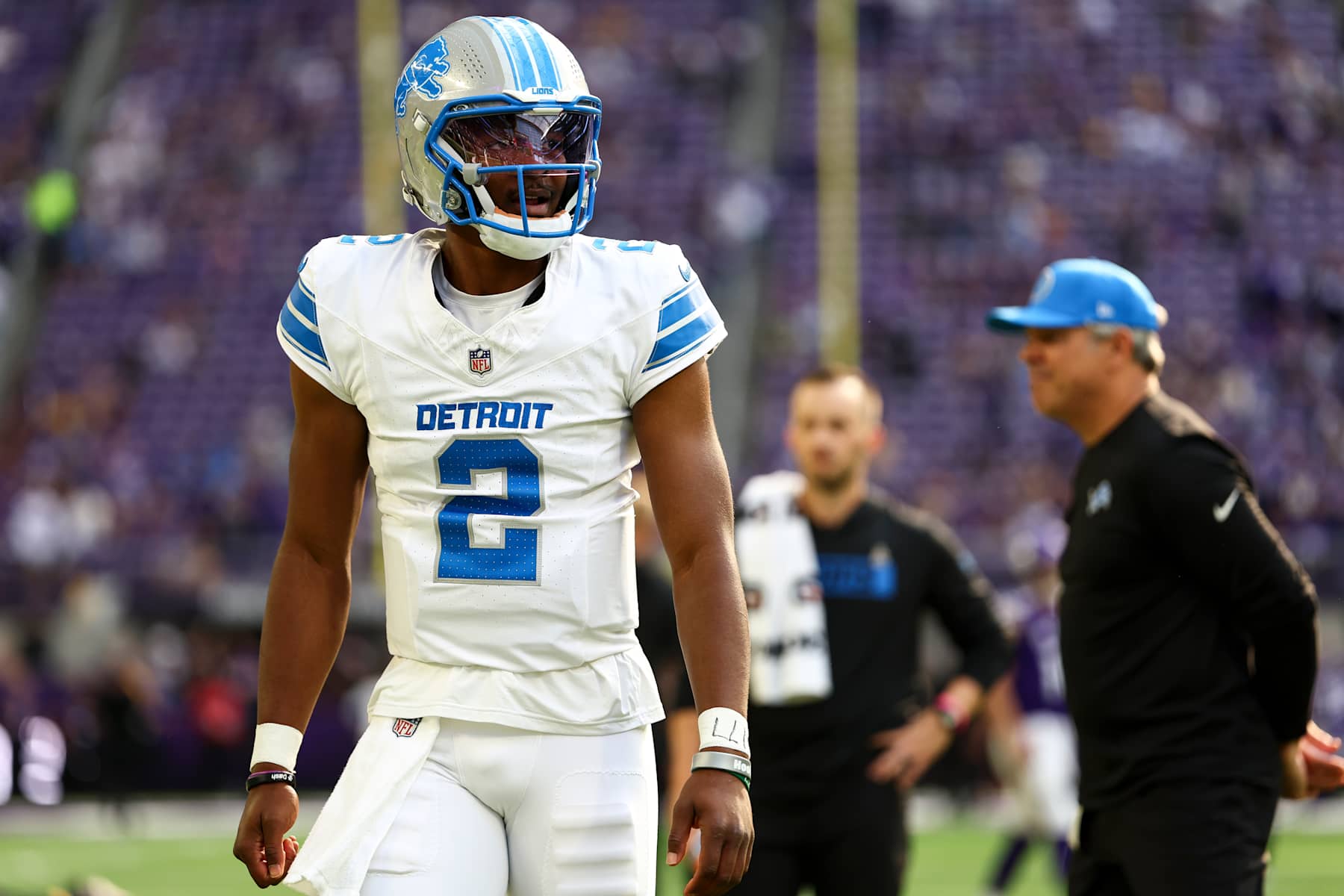 MINNEAPOLIS, MINNESOTA - OCTOBER 20: Hendon Hooker #2 of the Detroit Lions warms up prior to an NFL football game against the Minnesota Vikings at U.S. Bank Stadium on October 20, 2024 in Minneapolis, Minnesota. (Photo by Kevin Sabitus/Getty Images)