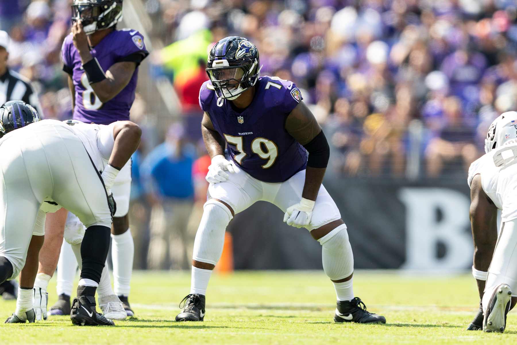 BALTIMORE, MARYLAND - SEPTEMBER 15: Ronnie Stanley #79 of the Baltimore Ravens lines up during an NFL football game between the Baltimore Ravens and the Las Vegas Raiders at M&T Bank Stadium on September 15, 2024 in Baltimore, Maryland. (Photo by Michael Owens/Getty Images)