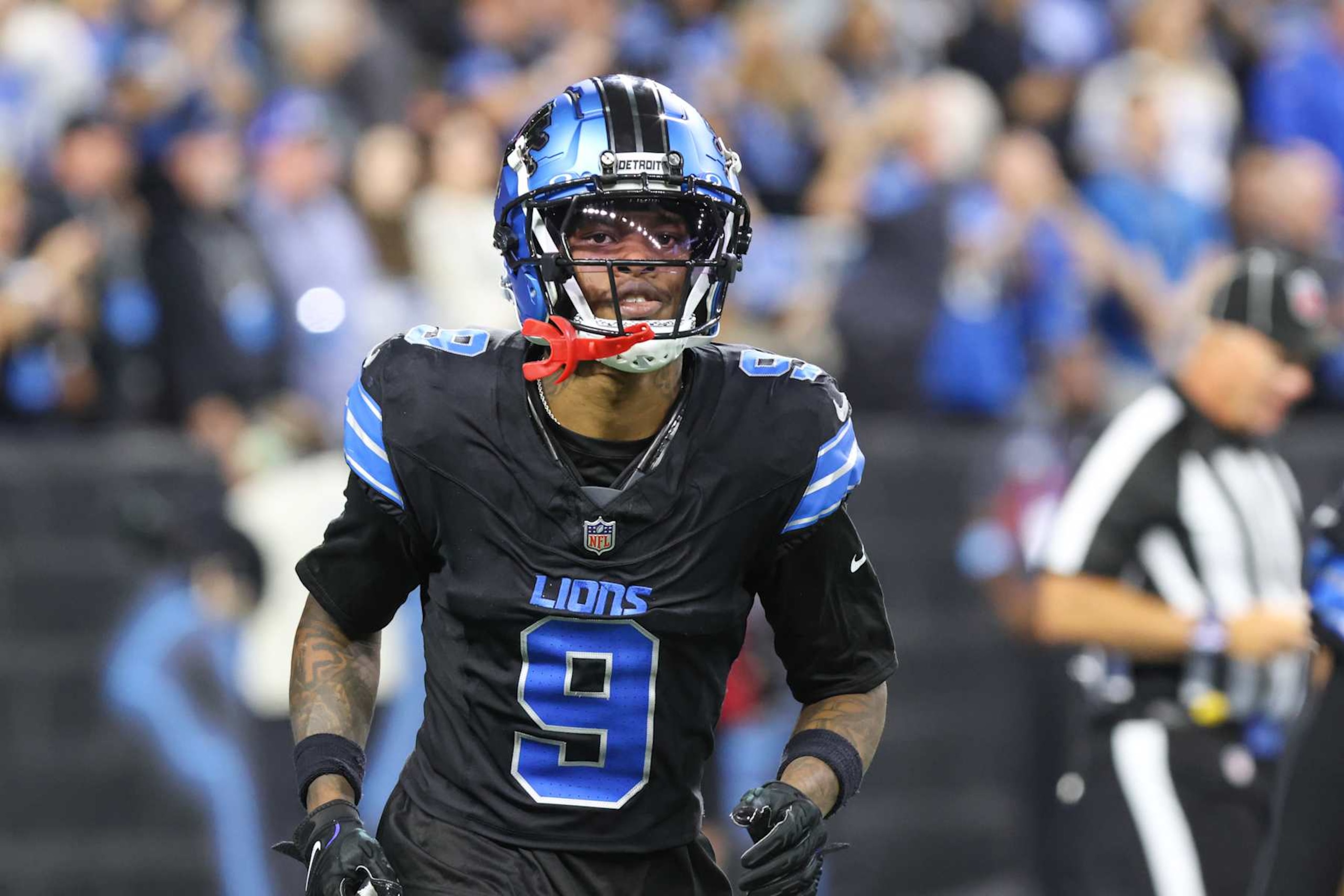 DETROIT, MI - SEPTEMBER 30:  Detroit Lions wide receiver Jameson Williams (9) looks on as he jogs to the sideline after scoring a touchdown on a 70-yard catch-and-run pass play during the third quarter of an NFL Monday Night Football regular season football game between the Seattle Seahawks and the Detroit Lions on September 30, 2024 at Ford Field in Detroit, Michigan. (Photo by Scott W. Grau/Icon Sportswire via Getty Images)