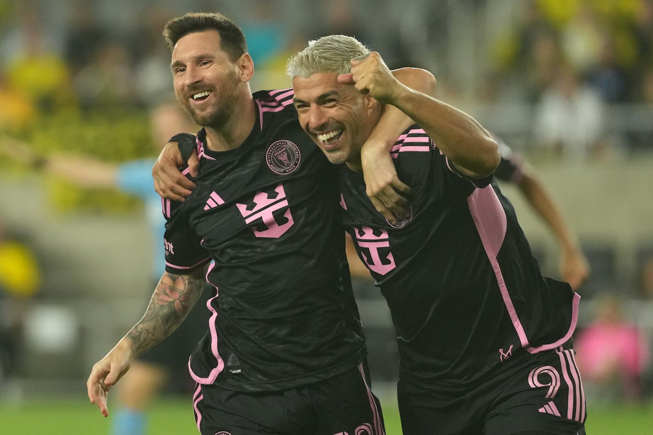 COLUMBUS, OHIO - OCTOBER 02: Lionel Messi #10 and Luis Suarez #9 of Inter Miami CF celebrate a goal in the second half against the Columbus Crew at Lower.com Field on October 02, 2024 in Columbus, Ohio. (Photo by Jason Mowry/Getty Images) COLUMBUS, OHIO - OCTOBER 02: Lionel Messi #10 and Luis Suarez #9 of Inter Miami CF celebrate a goal in the second half against the Columbus Crew at Lower.com Field on October 02, 2024 in Columbus, Ohio. (Photo by Jason Mowry/Getty Images)