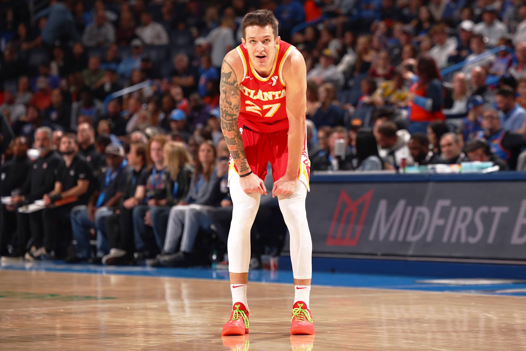 OKLAHOMA CITY, OK - OCTOBER 17: Vit Krejci #27 of the Atlanta Hawks looks on during the game against the Oklahoma City Thunder on October 17, 2024 at Paycom Arena in Oklahoma City, Oklahoma. NOTE TO USER: User expressly acknowledges and agrees that, by downloading and or using this photograph, User is consenting to the terms and conditions of the Getty Images License Agreement. Mandatory Copyright Notice: Copyright 2024 NBAE (Photo by Zach Beeker/NBAE via Getty Images)