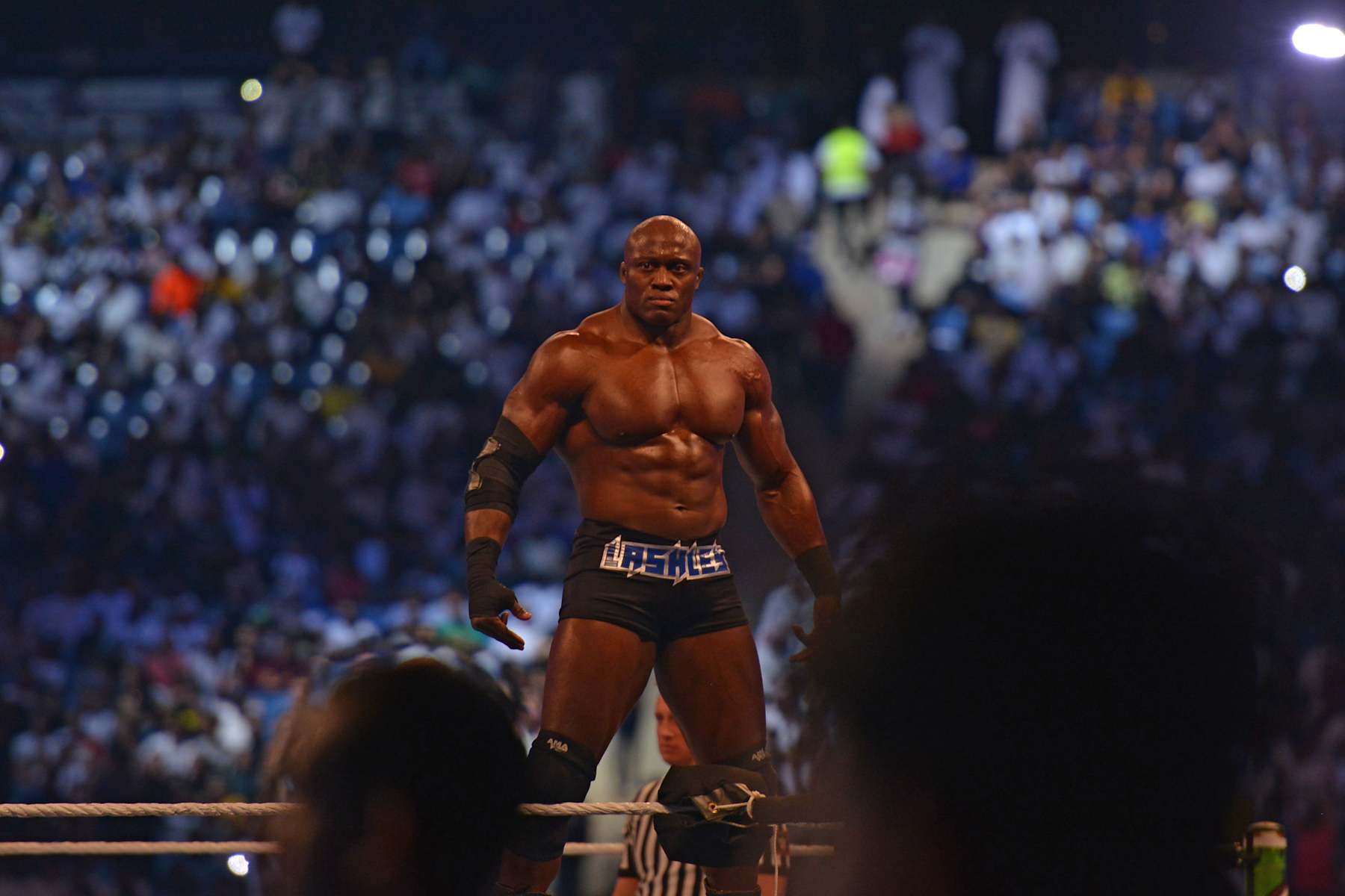 Bobby Lashley stands in the ring prior to his fight during the World Wrestling Entertainment (WWE) Crown Jewel pay-per-view in Riyadh on October 31, 2019. (Photo by Fayez Nureldine / AFP) (Photo by FAYEZ NURELDINE/AFP via Getty Images)