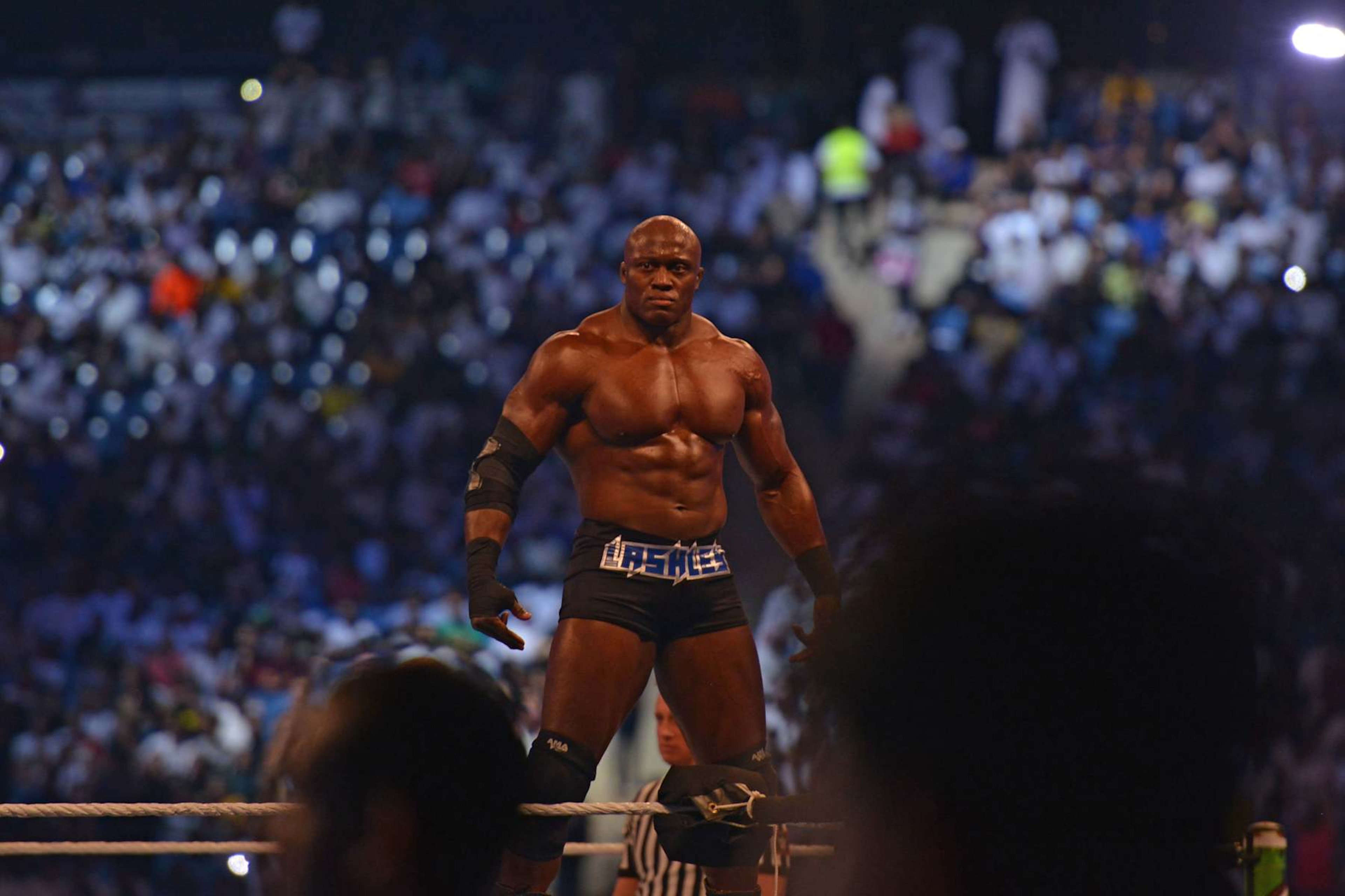Bobby Lashley stands in the ring prior to his fight during the World Wrestling Entertainment (WWE) Crown Jewel pay-per-view in Riyadh on October 31, 2019. (Photo by Fayez Nureldine / AFP) (Photo by FAYEZ NURELDINE/AFP via Getty Images) Bobby Lashley stands in the ring prior to his fight during the World Wrestling Entertainment (WWE) Crown Jewel pay-per-view in Riyadh on October 31, 2019. (Photo by Fayez Nureldine / AFP) (Photo by FAYEZ NURELDINE/AFP via Getty Images)