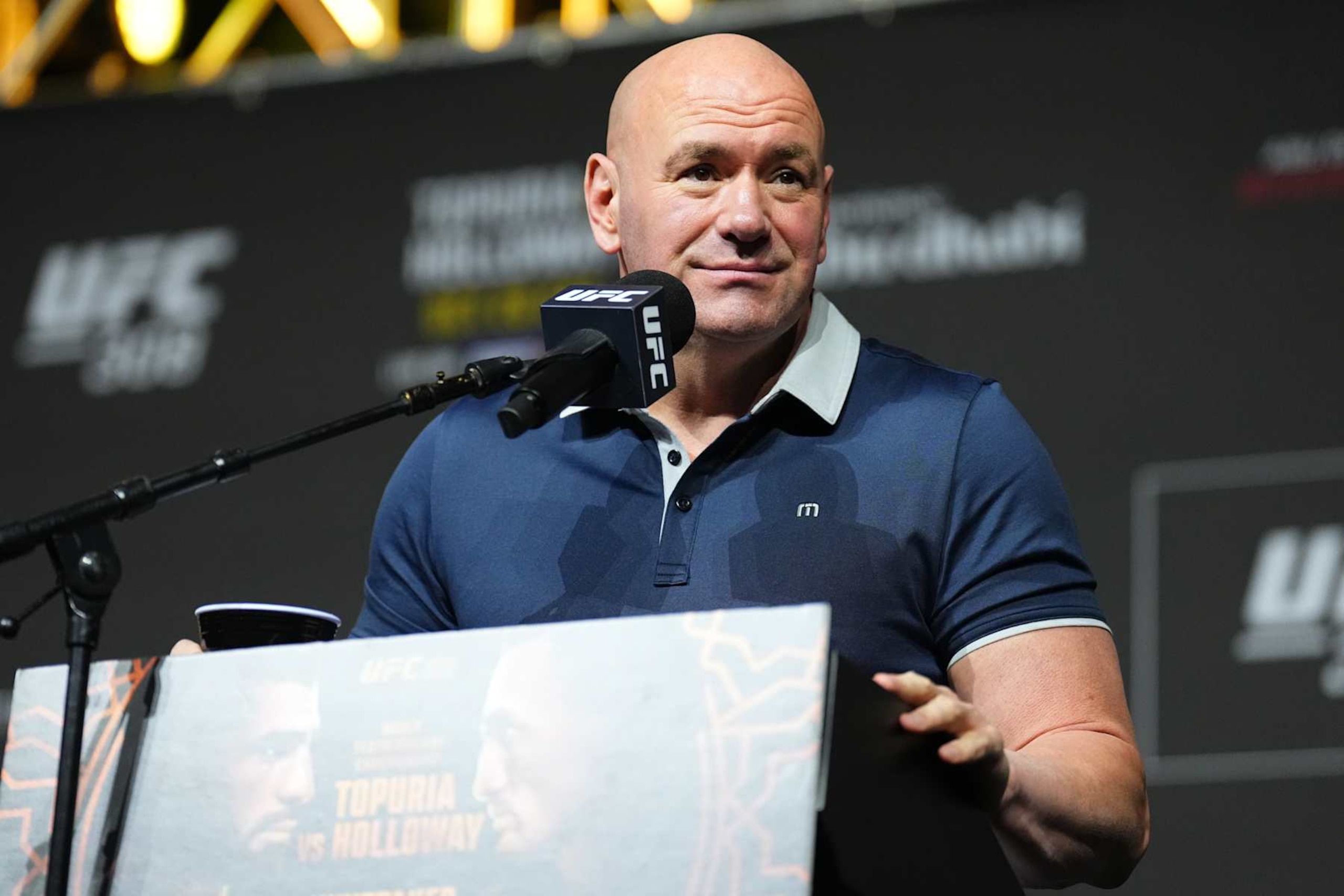 ABU DHABI, UNITED ARAB EMIRATES - OCTOBER 24: UFC CEO Dana White is seen on stage during the UFC 308 press conference at Etihad Arena on October 24, 2024 in Abu Dhabi, United Arab Emirates. (Photo by Chris Unger/Zuffa LLC) ABU DHABI, UNITED ARAB EMIRATES - OCTOBER 24: UFC CEO Dana White is seen on stage during the UFC 308 press conference at Etihad Arena on October 24, 2024 in Abu Dhabi, United Arab Emirates. (Photo by Chris Unger/Zuffa LLC)