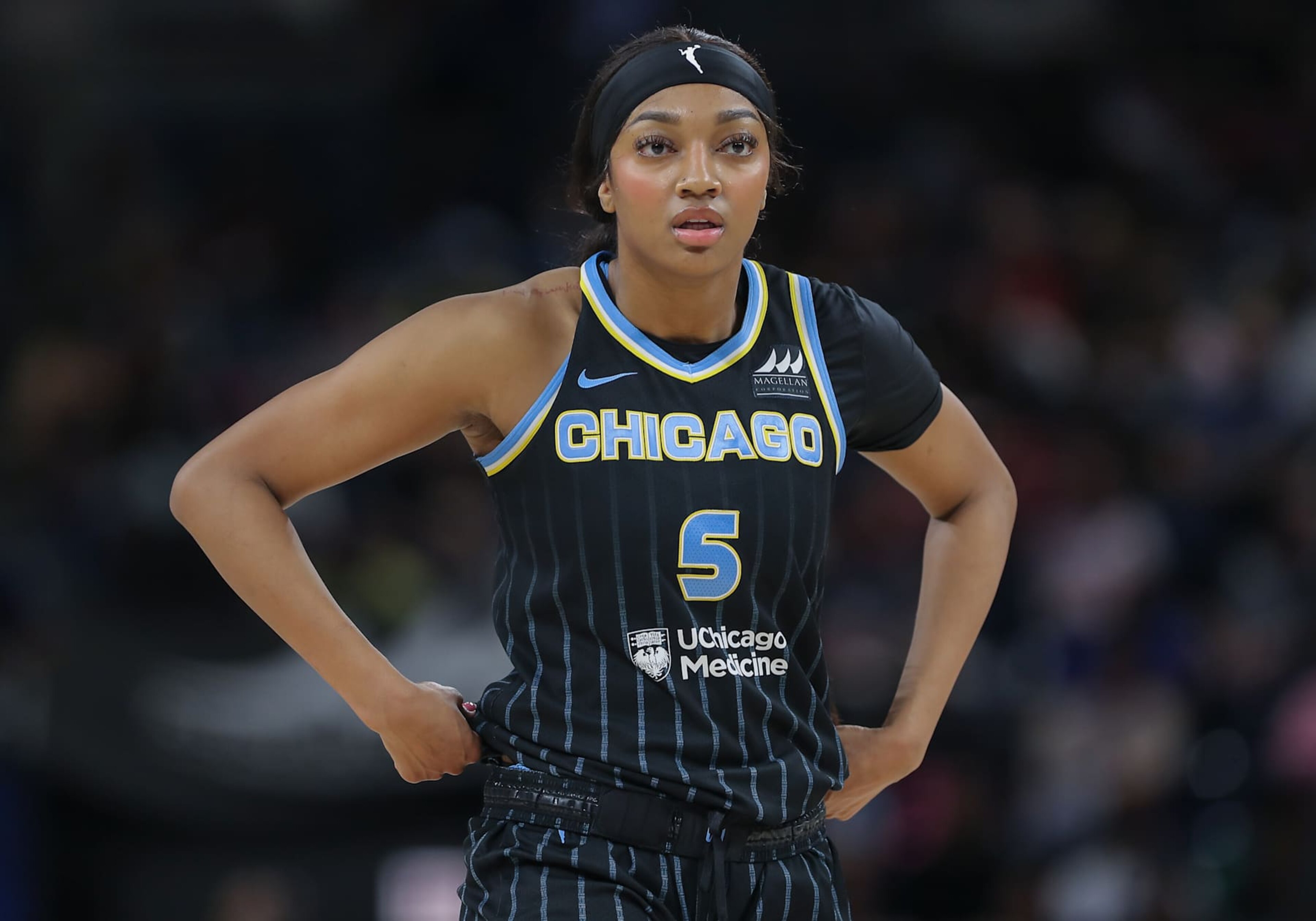 CHICAGO, IL - AUGUST 30: Angel Reese #5 of the Chicago Sky looks on before attempting a free throw during the first half of a WNBA game against the Indiana Fever on August 30, 2024 at Wintrust Arena in Chicago, Illinois. (Photo by Melissa Tamez/Icon Sportswire via Getty Images)